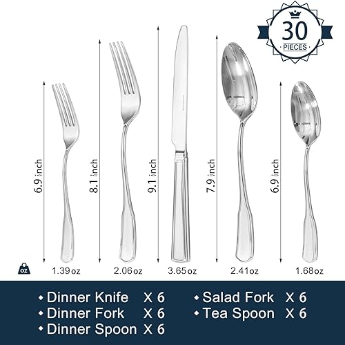 Vista 2 de KINGSTONE Juego de cubiertos de 30 piezas, acero inoxidable 18/10 para 6, juego de cubiertos de vajilla para restaurante en casa, acabado espejo