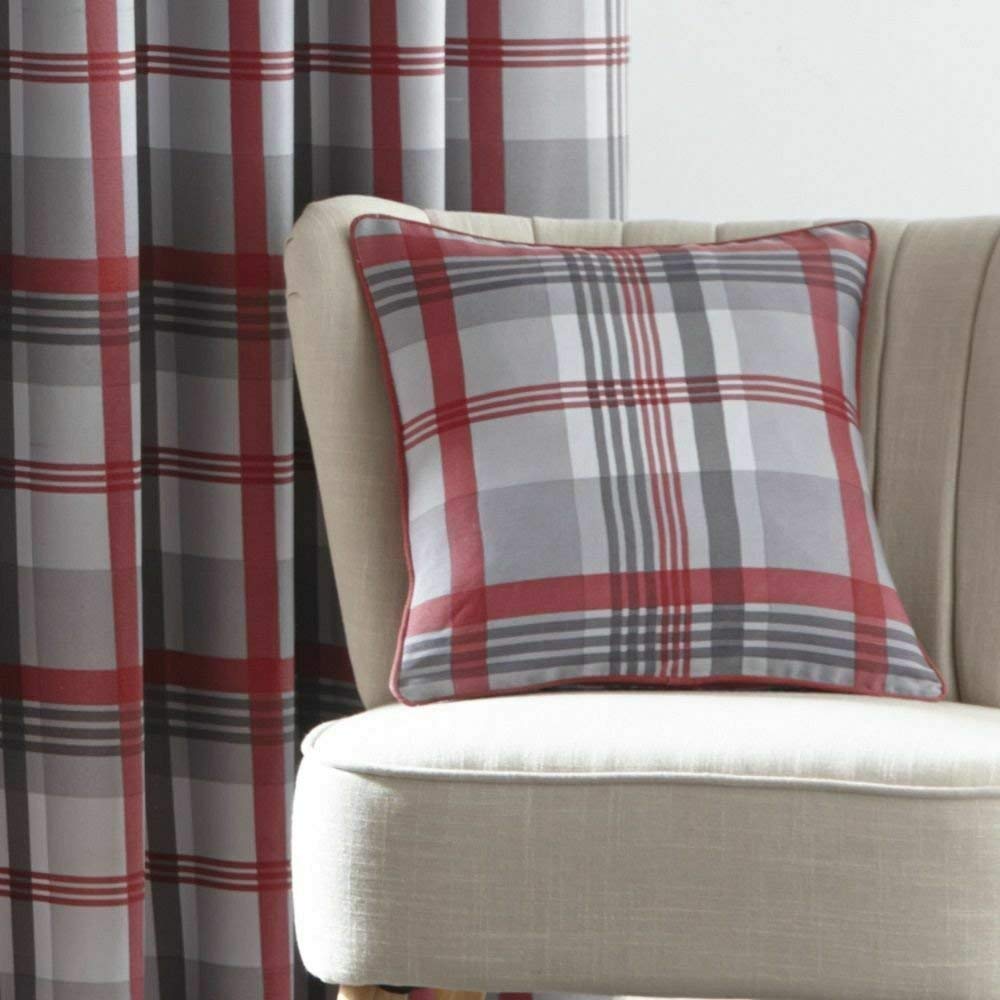 Portfolio Orleans Check Striped Fully Lined Eyelet Ring Top Curtains - Red Grey 66" Wide x 54" Drop