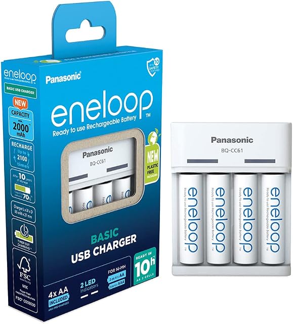 Panasonic Eneloop Basic USB charger|for 2 or 4 AA/AAA Ni-MH batteries, with 6 safety features&micro USB charging cable, including 4 AA/Mignon batteries,improved capacity of min 2000mAh, blue, 52061040