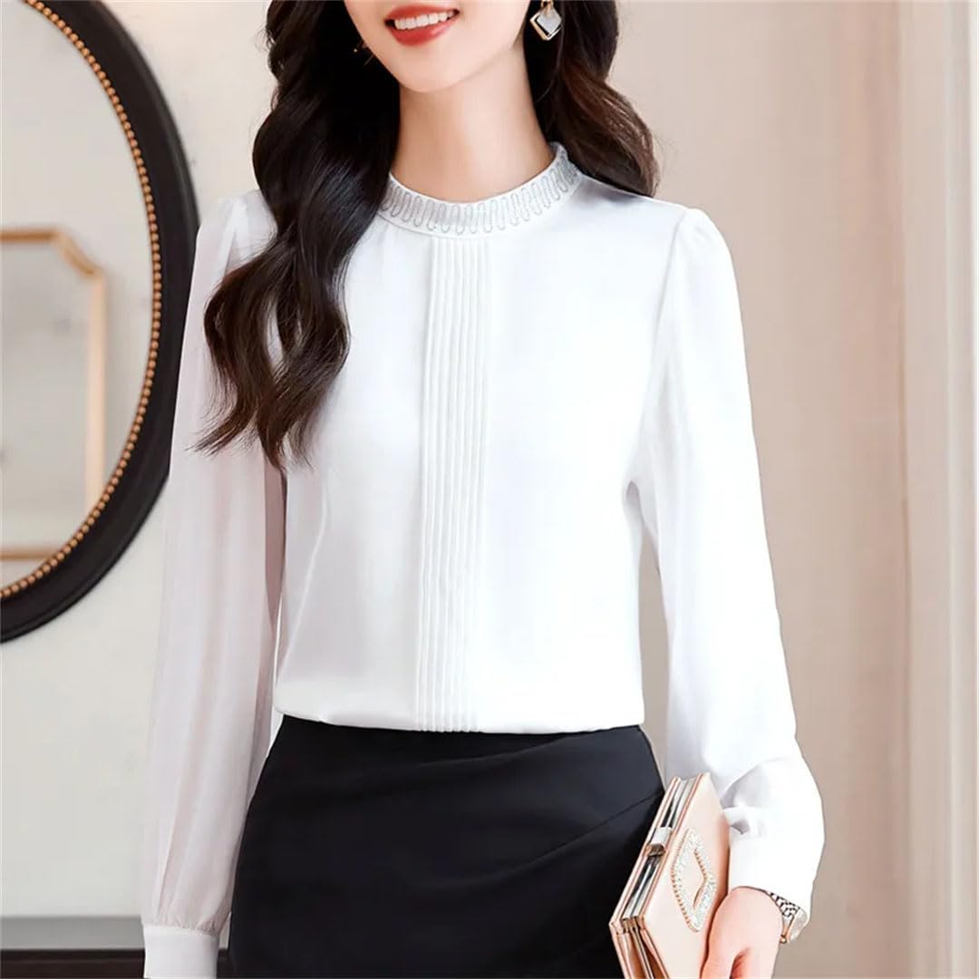 Blusa de manga larga para mujer, cuello alto, plisada, para oficina, para viajeros