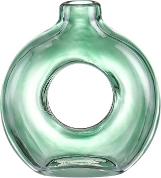 Donut Glass Vase, Green Glass Vase, Flower Vase, Decorative Modern Vases, Round Vases for Home, Living Room, Dining Table, Entryway, Mantle, Shelf, Wedding, Office, Coffee Table