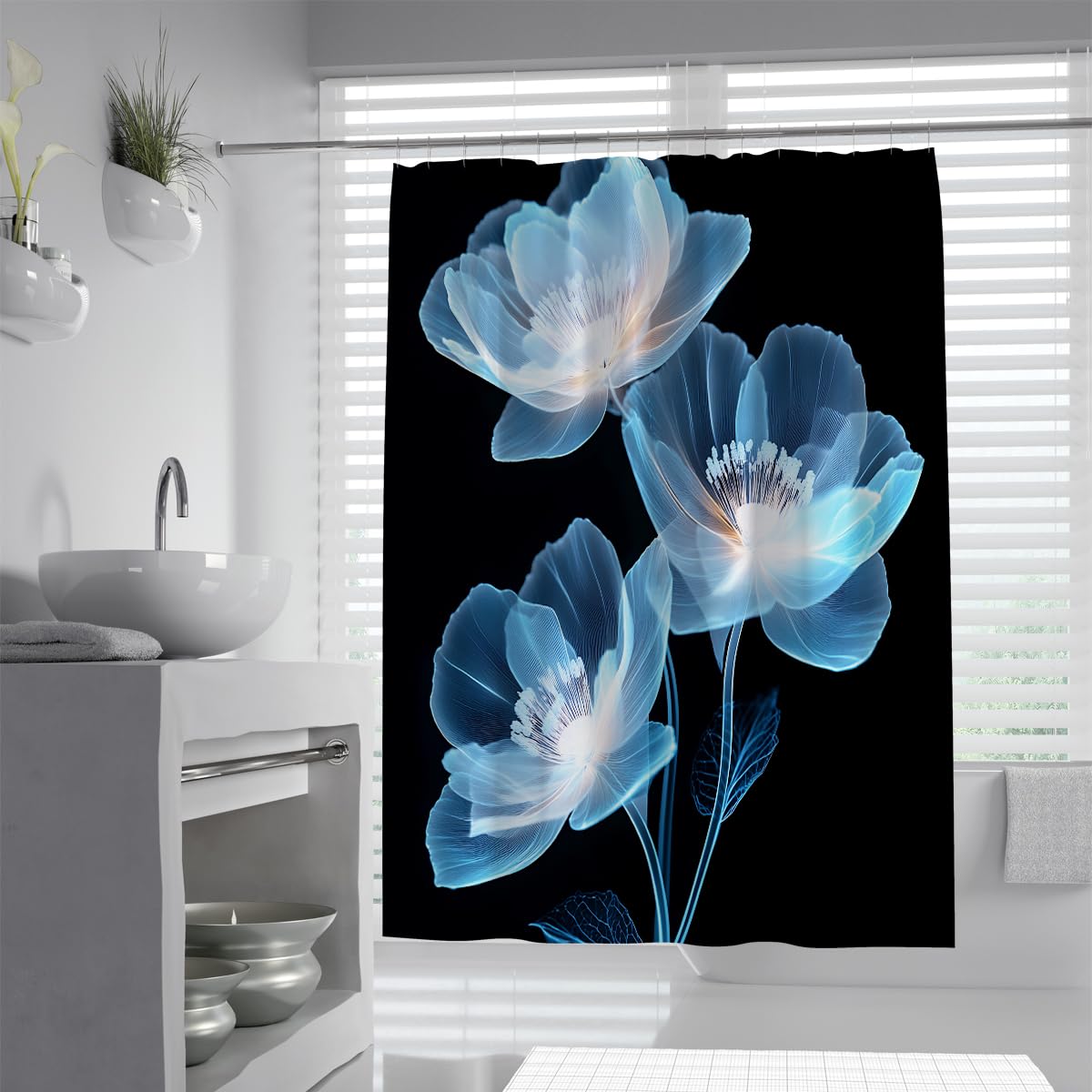 UIRINGART floral Shower Curtains W100xL200cm Gothic Dark Blue Lotus Botanical Flower Print Easy To Care Waterproof Washable Fabric for Bathroom Bathtub Curtain