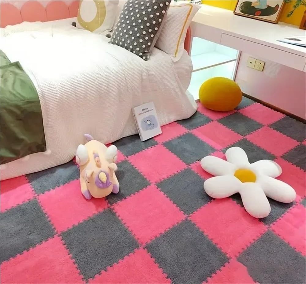 16pc Protection Plush Mat,Interlocking Carpet Tiles,Puzzle Carpet for Parlor Bedroom Decoration(Black-Red)