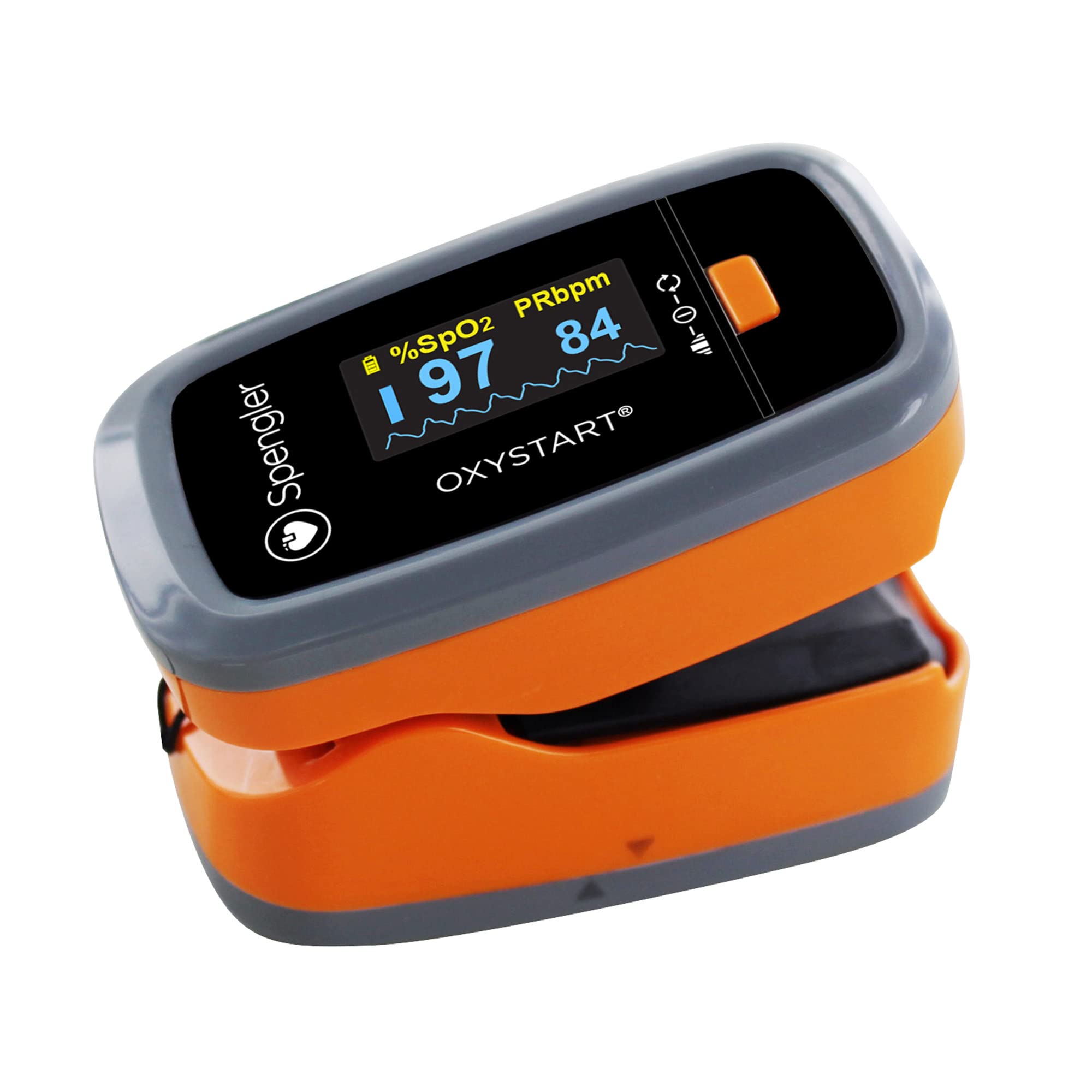Oxymètre de doigt SPENGLER Oxystart, Oxymètre de pouls professionnel Portable, Mesure de l'Oxygénation, Facile à Utiliser, Fiable et Précis, Compact et Léger (Orange)