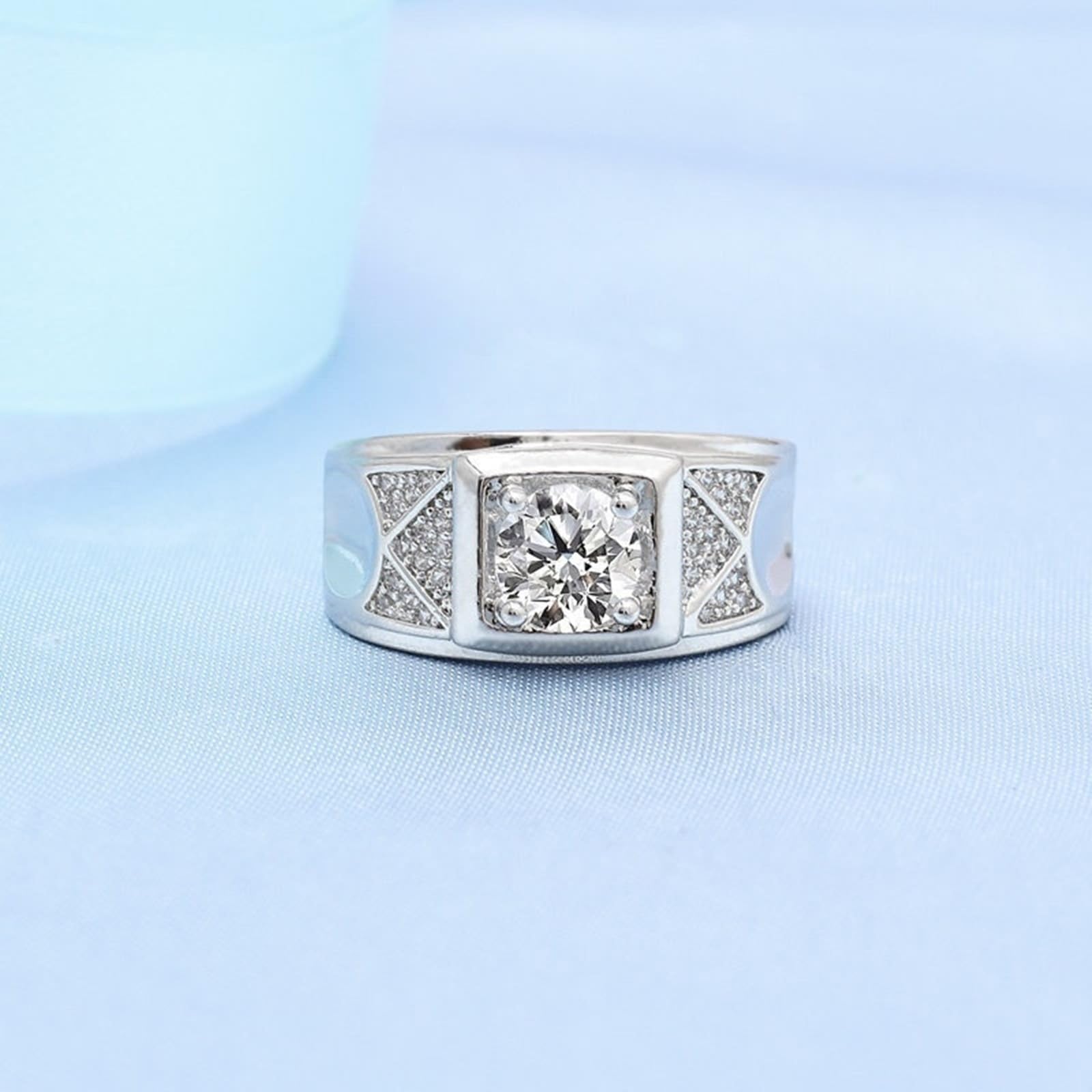 Męska obrączka ślubna z białego złota obrączka 18K diament laboratoryjny szeroki geometryczny 4-zębowy okrągły 1 ct cyrkonia rozmiar N 1/2 moda dla wujka biżuteria rocznicowa