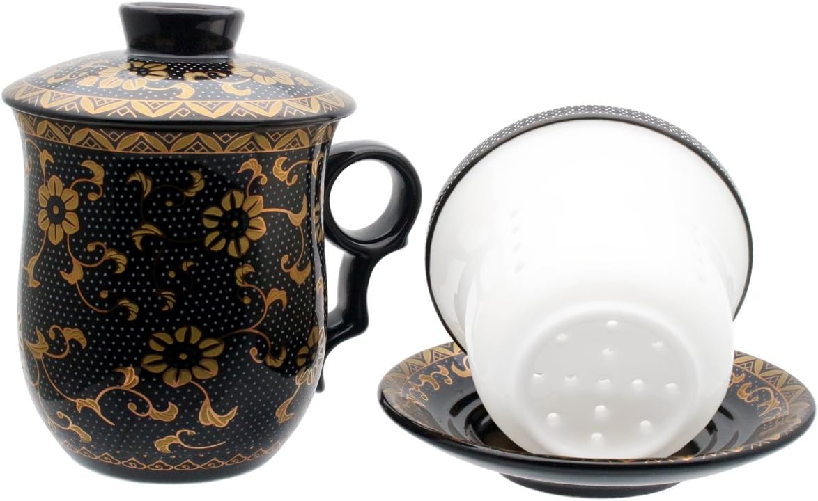 Porcelain Tea Cup with Infuser Lid and Saucer Sets - Chinese Jingdezhen Ceramics Coffee Mug Teacup Loose Leaf Tea Brewing System for Home Office