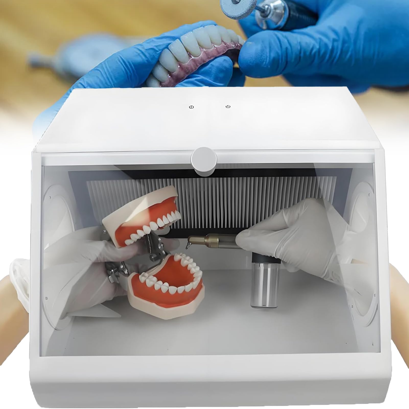 Huachorial Dental Lab Dust Box Vacuum Dust Collector with Dual Fans & LED Light, Fully Enclosed Dust Hood Prevents Spreading, Large Viewing Window for Sandblasting, Polishing, Drilling, Cutting