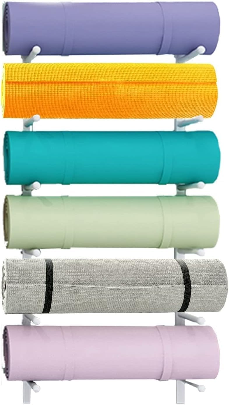 Snowboard Storage Rack，6-Tier Yoga Mat Organizer Rack Foam Roller Holder Wall Mount, Metal Yoga Mat Shelf for Small Gym Garage, Hardware Included,White