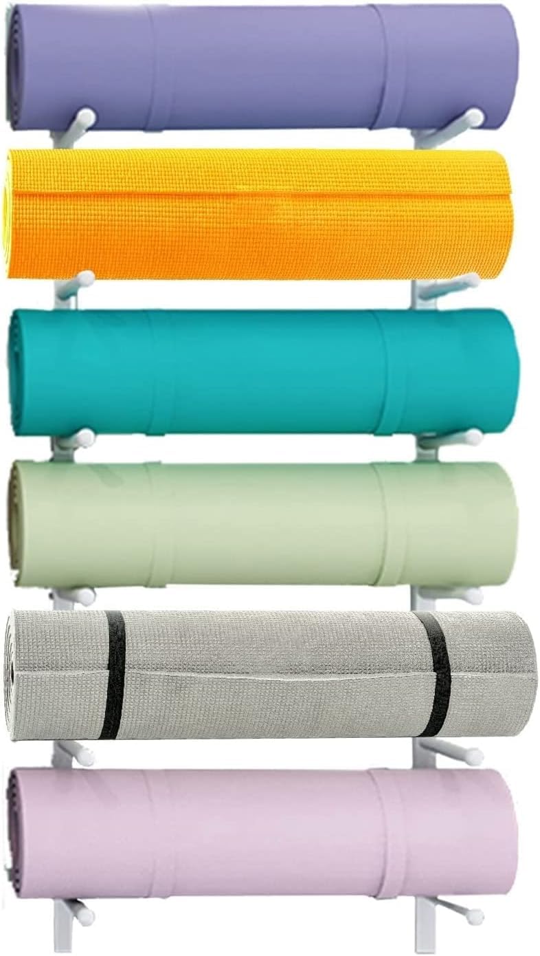 Étagère métal tapis de yoga et support mural rouleau mousse blanc