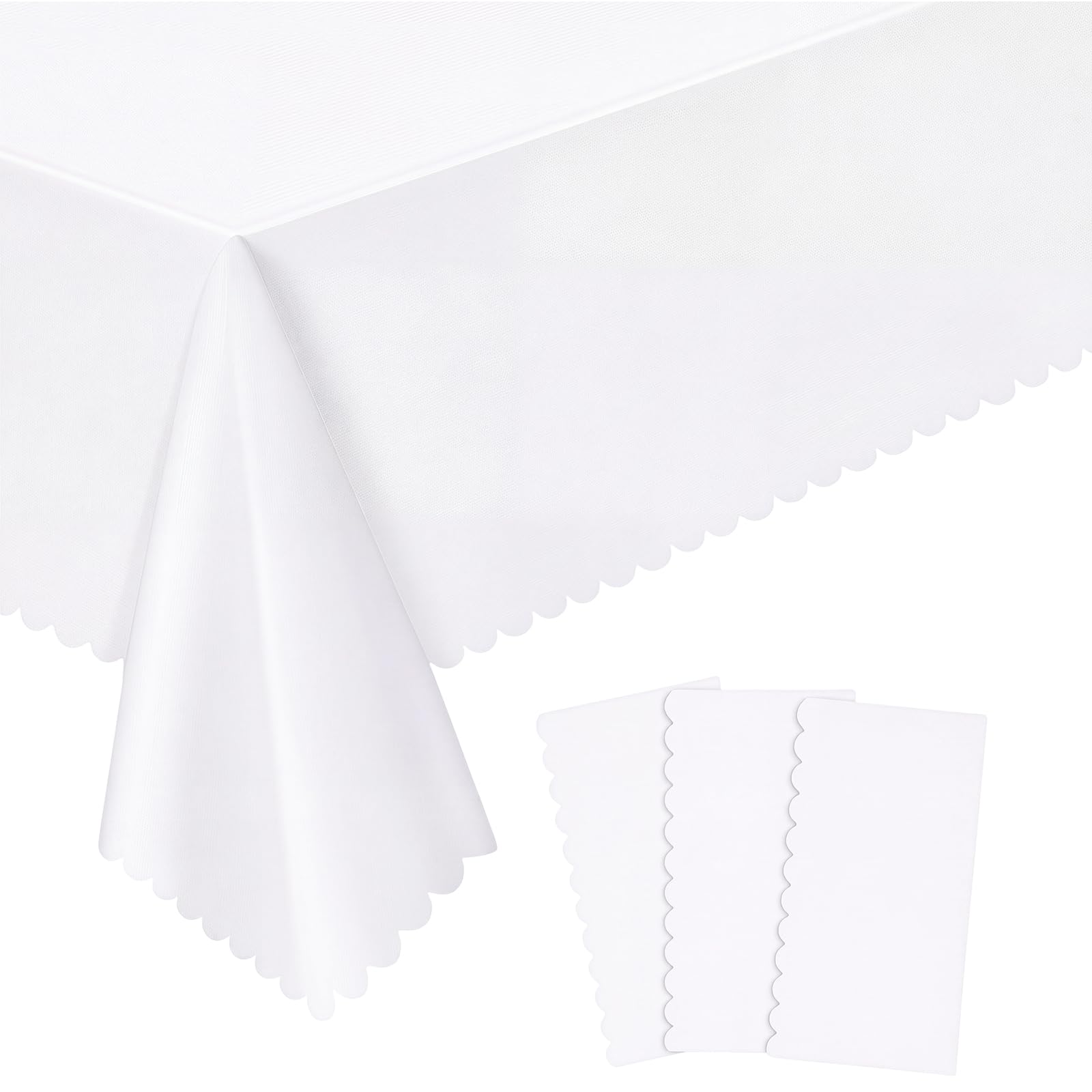 3 Pack White Plastic Tablecloths, 137 x 274 cm Scalloped Table Cloth — image 1