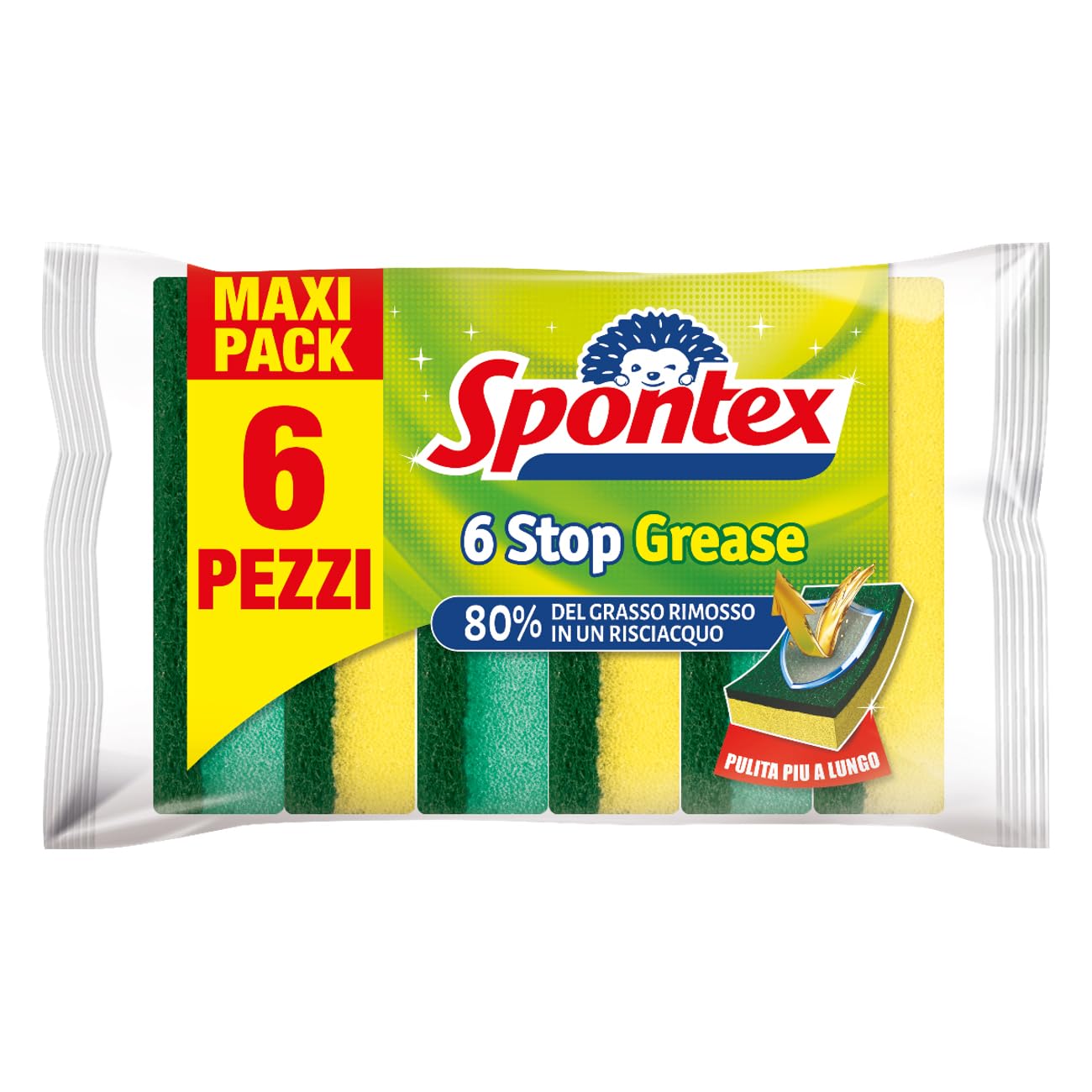 Spontex 6 Stop Grease, Spugna Abrasiva in formato convenienza, Dotata di Tecnologia Stop Grease sulla Fibra, Formato da 6