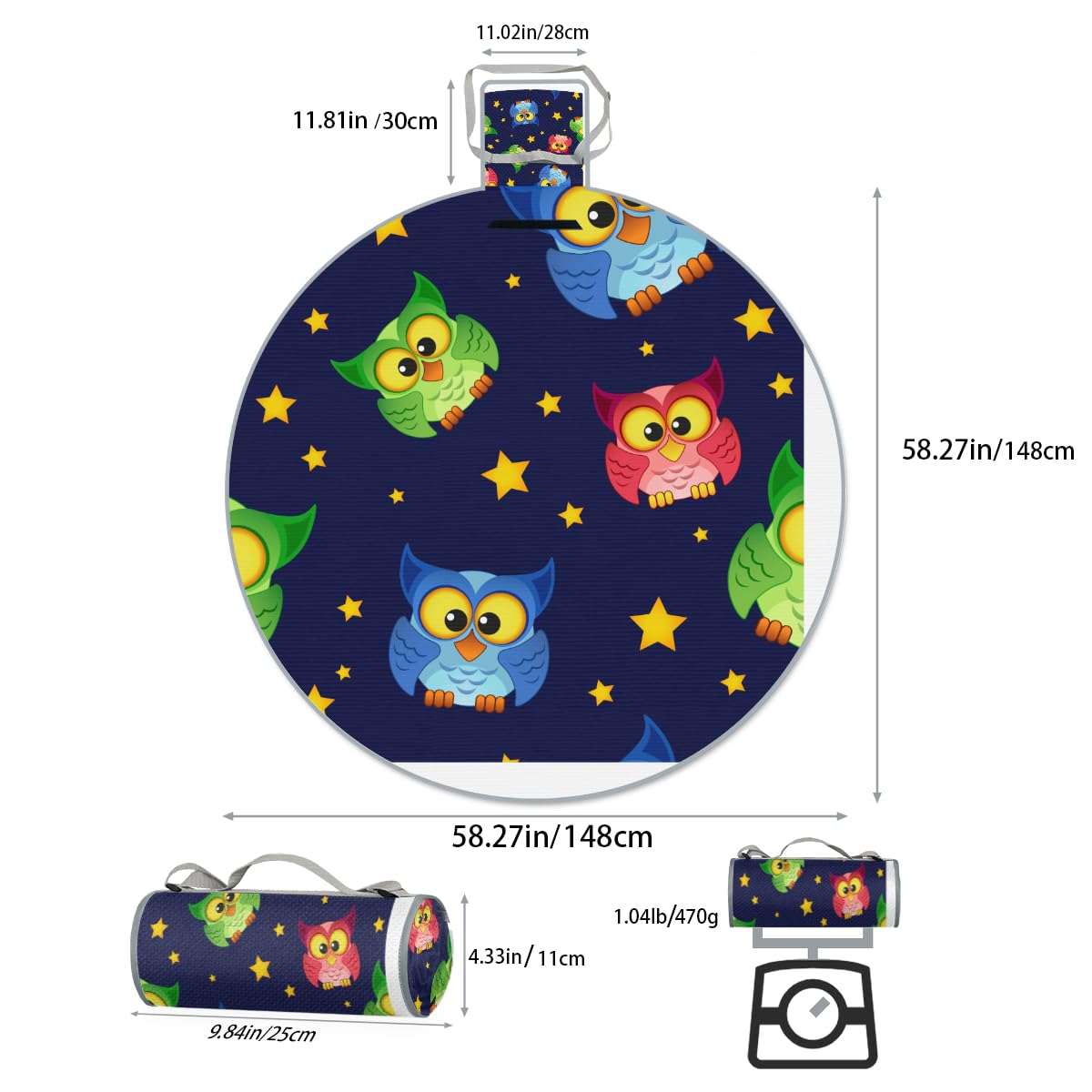 Shimoshe Pentagram Owl Picnic Outdoor Blanket Foldable Waterproof Sandproof Beach Blanket Portable Water-Resistant Round Picnic Mat for Travel Camping Park Lawn