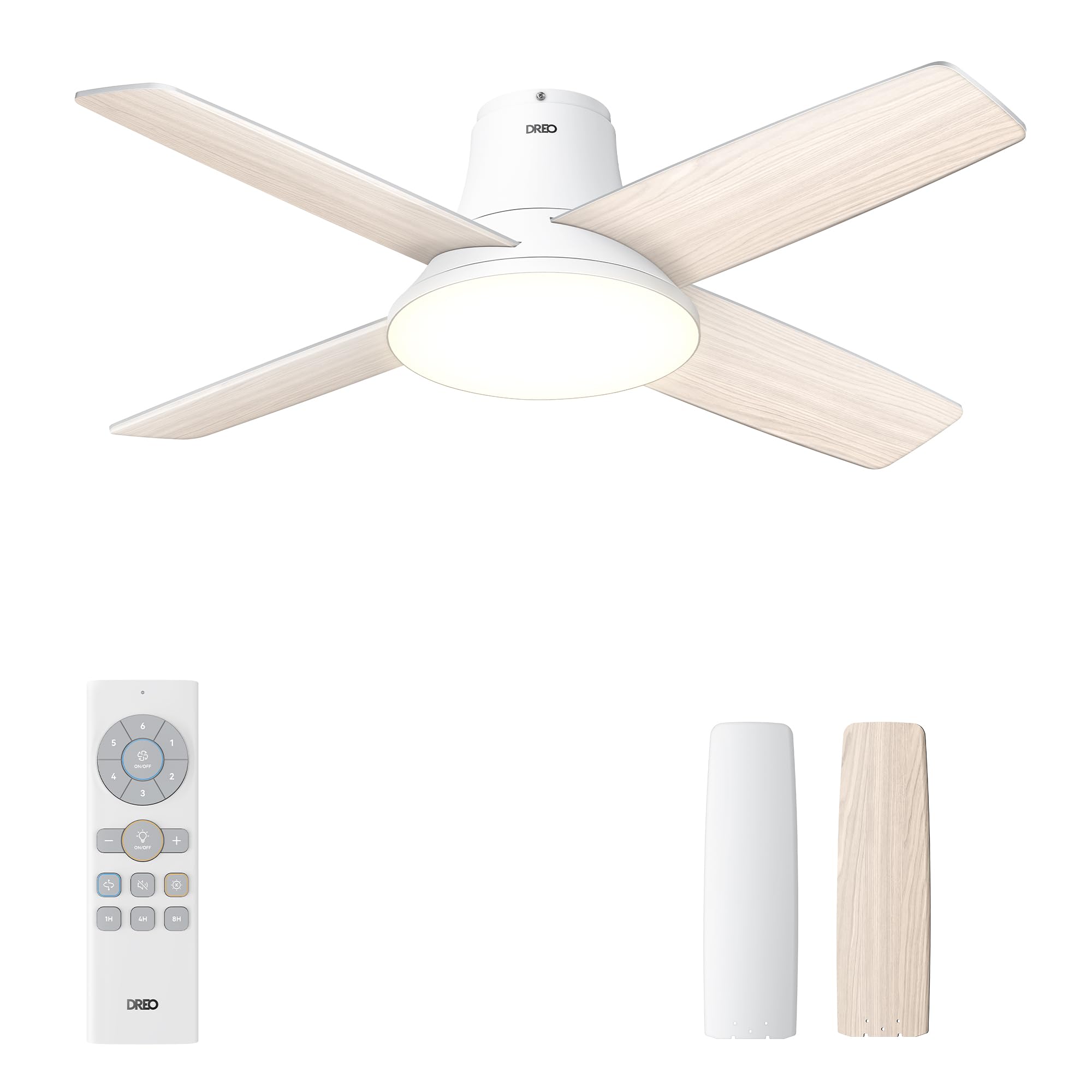 Dreo Ceiling Fans with Lights and Remote, 44 inch Low Profile White Ceiling Fan, Reversible, 5CCT, 6-Level Dimmable, 6 Speeds Bedroom Ceiling Fan, Quiet, Easy to Install, Timer, Flush Mount