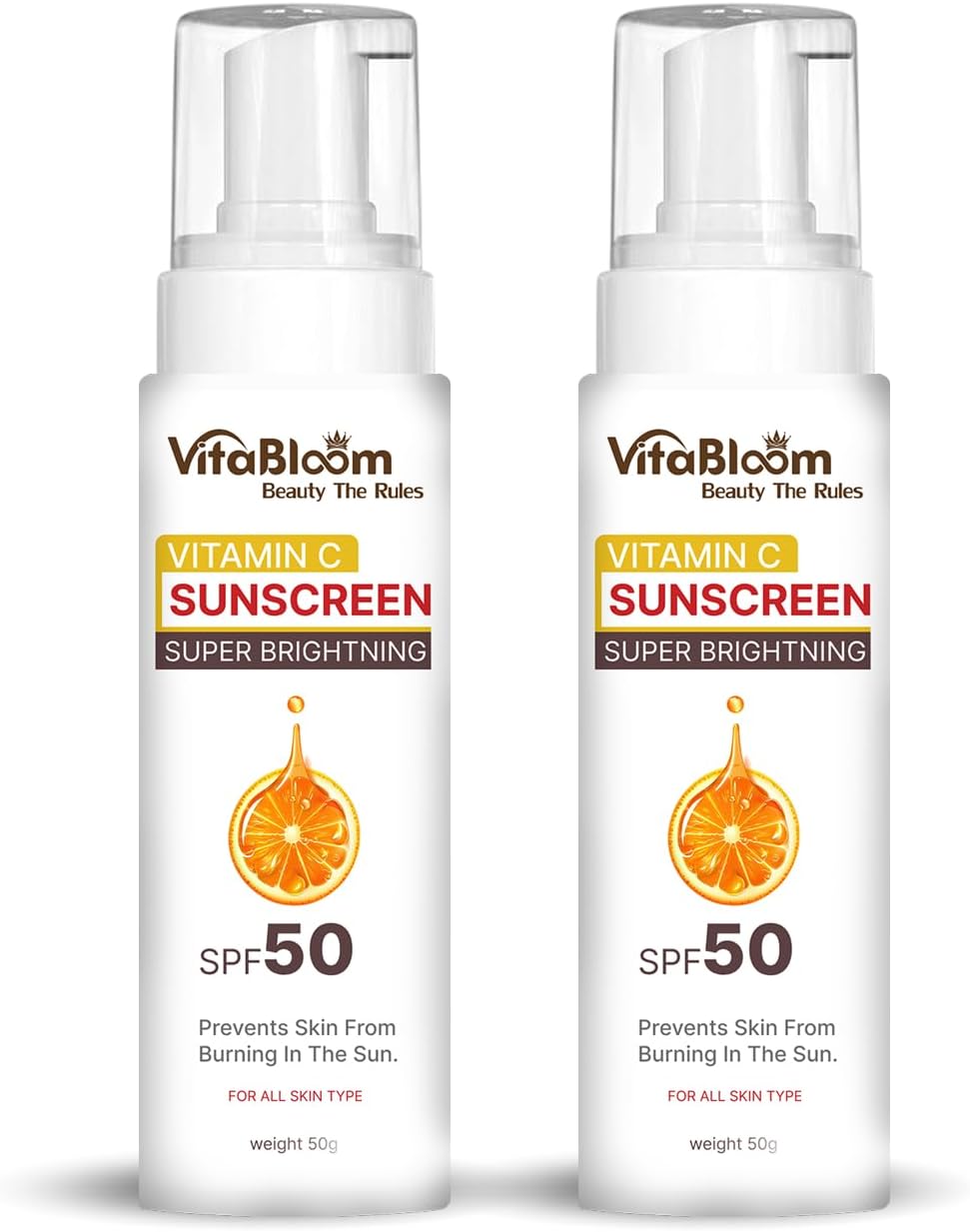 VitaBloom Vitamin C Sunscreen SPF 50 | Super Brightening Sun Cream for Women & Men | Prevents Sunburn | For All Skin Types | 50g -Pack Of-2