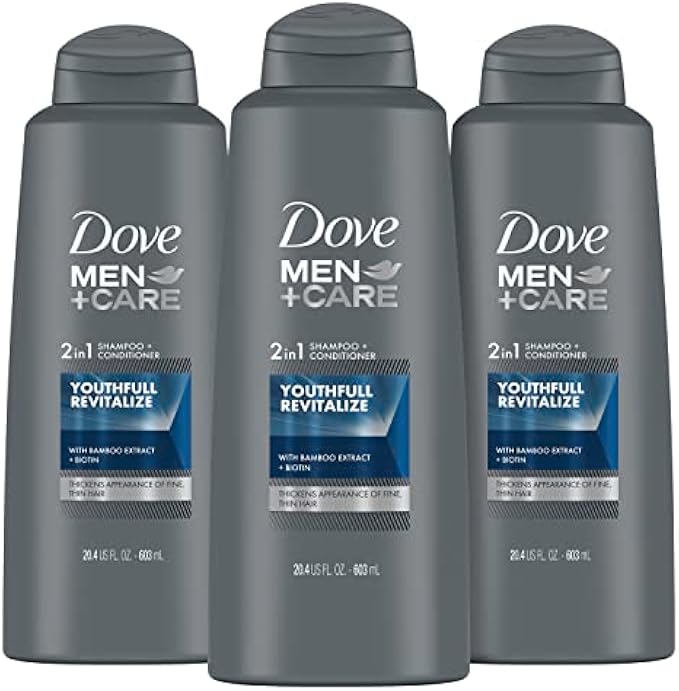 Dove Men+Care 2 in 1 Shampoo and Conditioner Youthfull Revitalize 3 Count For Fine, Thin Hair Men's Shampoo and Conditioner with Bamboo Extract + Biotin 20.4 oz
