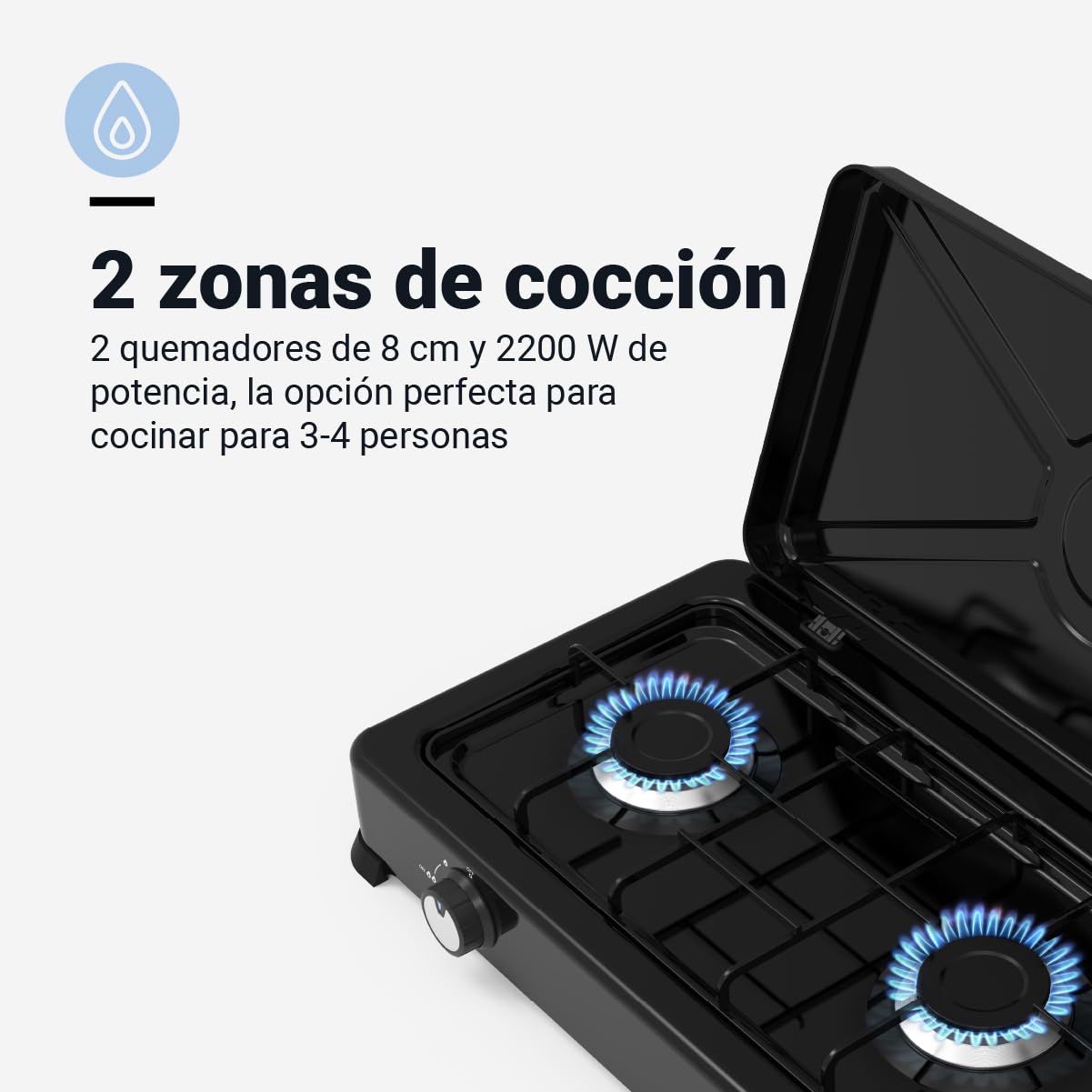 UNIVERSALBLUE Hornillo de Gas Portátil | Placa Cocina 2 Fuegos Negra | Camping, Acampada o Picnic