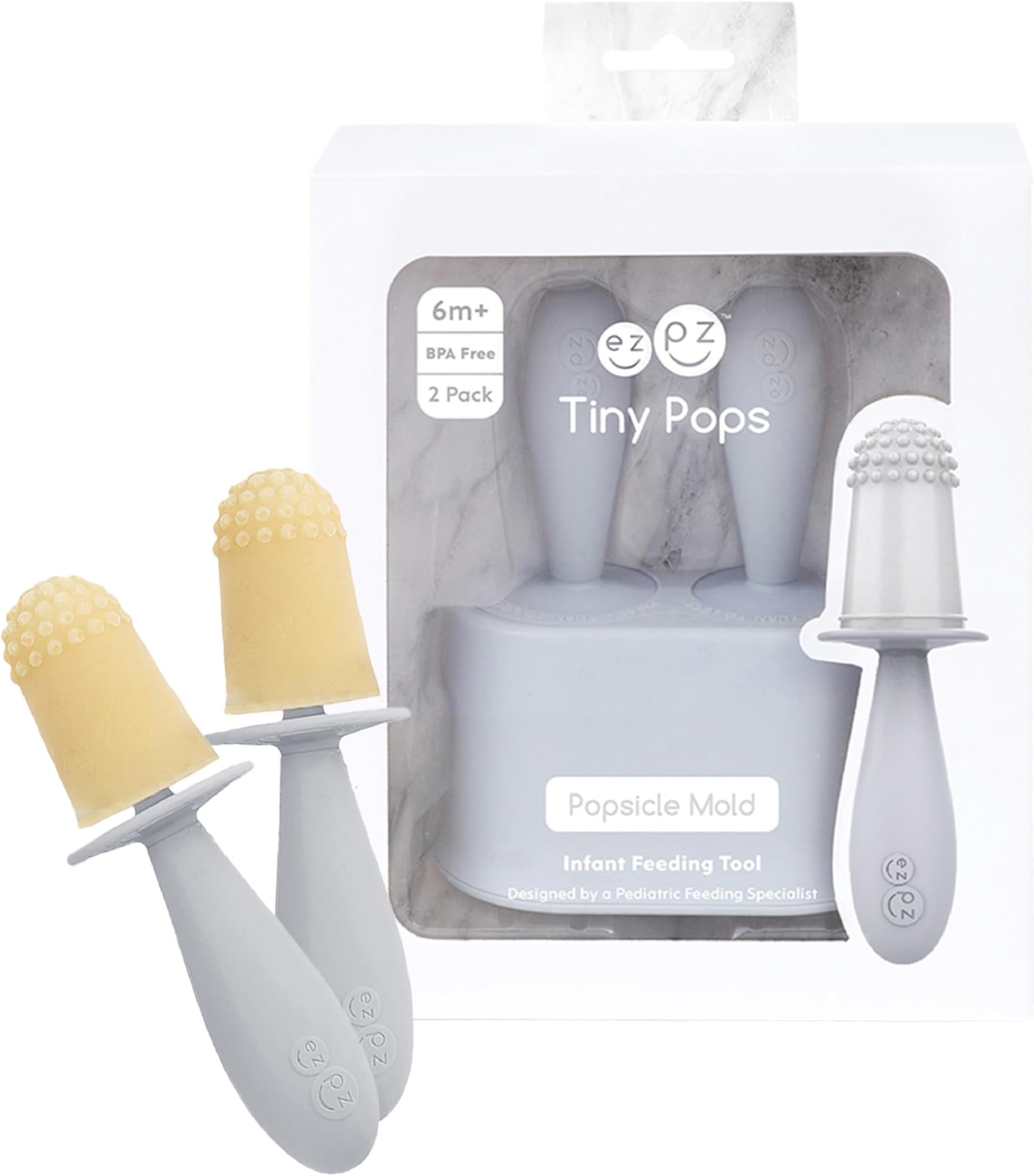 ezpz Tiny Pops (2-Pack) - Silicone Baby Popsicle - Ice Cream Mold for Infants 6+ Months - BPA Free, Food Grade, Easy Grip Handle, Teething Relief, Dishwasher Safe (Pewter)