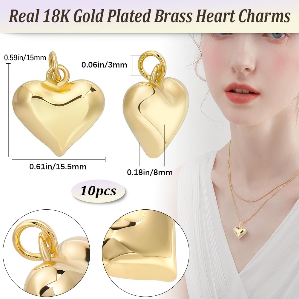 Beebeecraft 10Pcs Real 18K Gold Plated Heart Charms 3D Dangle Sweet Love Pendant Charm with Jump Ring for Jewelry Making Supplies DIY Birthday Valentine's Gift Crafts 15x15.5x8mm
