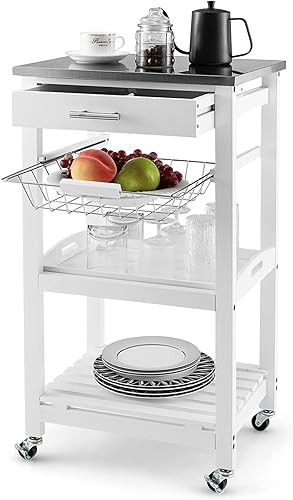 PETSITE Carrito de isla de cocina pequeño rodante, carrito de servicio de almacenamiento de 4 niveles con mesa de acero inoxidable, carrito de