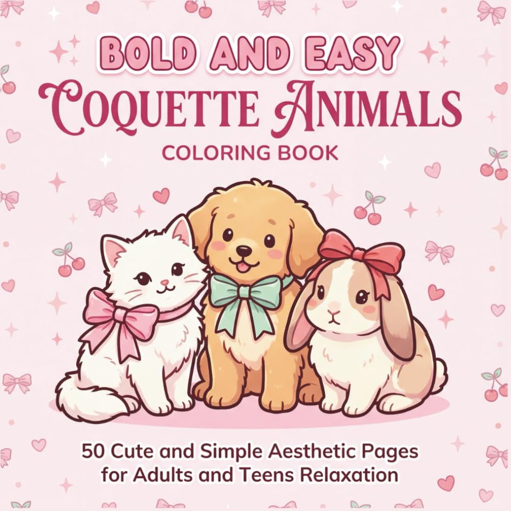 Bold and Easy Coquette Animals Coloring Book: 50 Cute and Simple Aesthetic Pages with Puppies, Kittens, Bows, and Trendy Stuff for Adults and Teens Relaxation