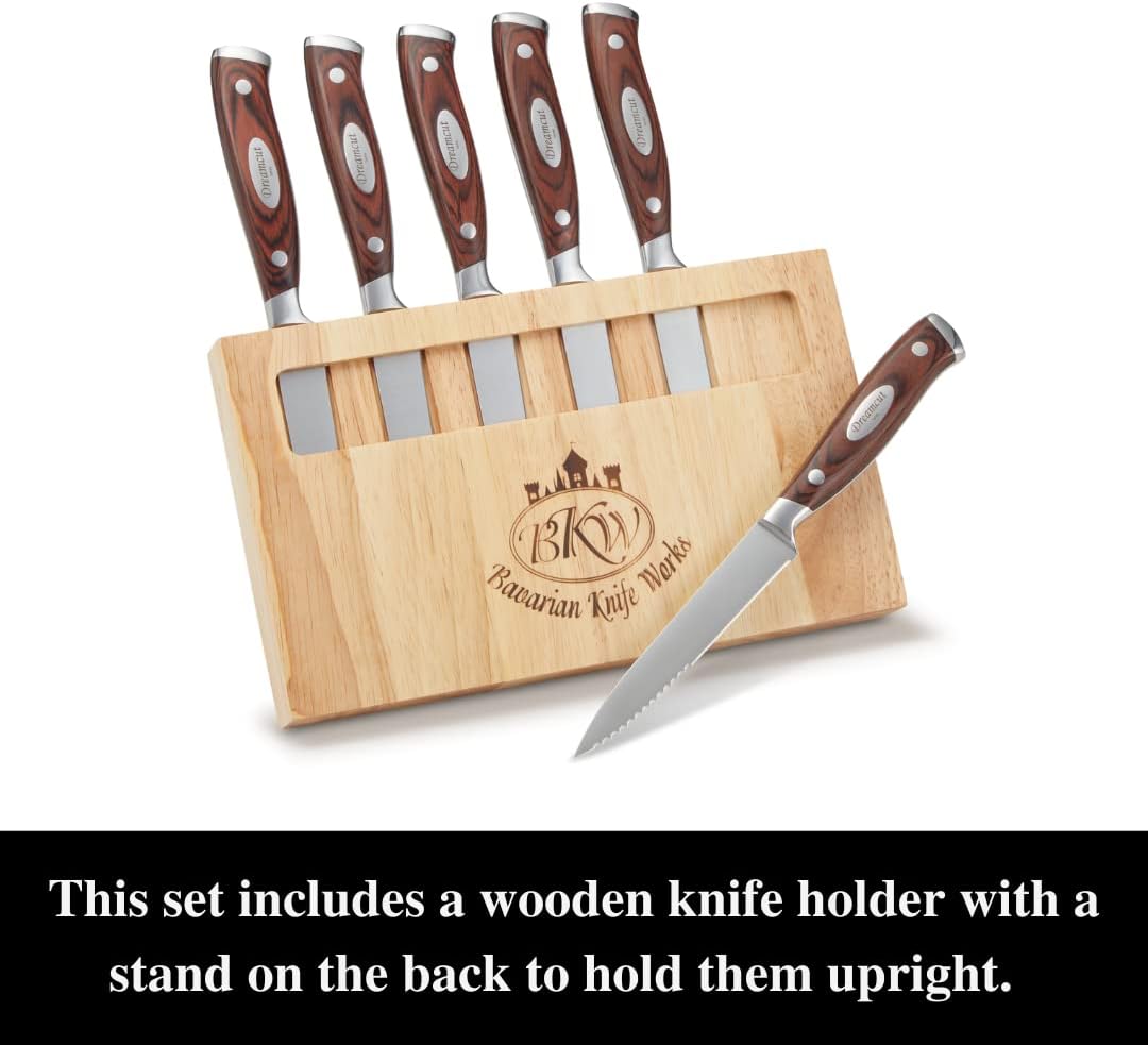 Bavarian Knife Works Set of 6 Steak Knife Plus Knife Block, German Steel Blades, Razor Sharp and Easy to Sharpen, Lightweight with Pakkawood Handles, Essential for Any Steak Lover!