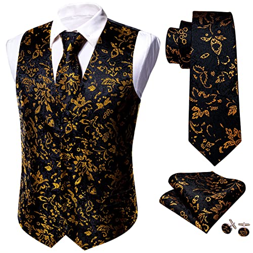 Barry.Wang Mens Paisley V-neck Suit Vest Formal/Leisure Silk Jacquard Waistcoat Tie Set 5PCS4