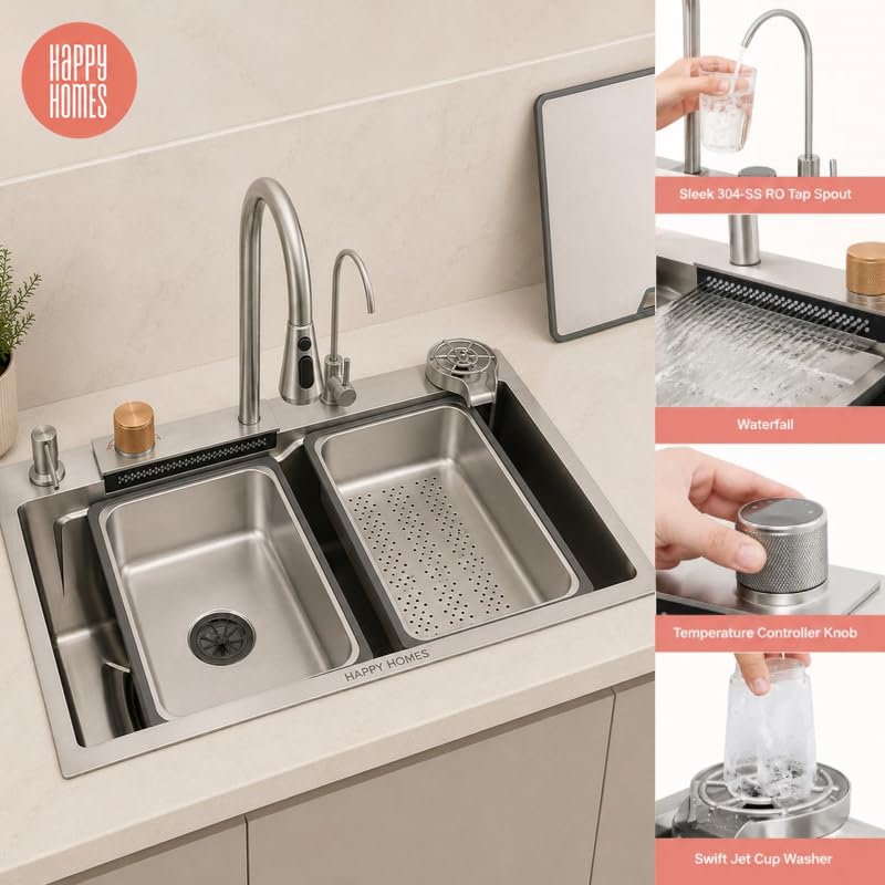Image of HAPPY HOMES 304 Stainless Steel Kitchen Sink with Integrated Waterfall and Pull-down Faucet Set (30x18x9 inch, Nano Coating HEAVY