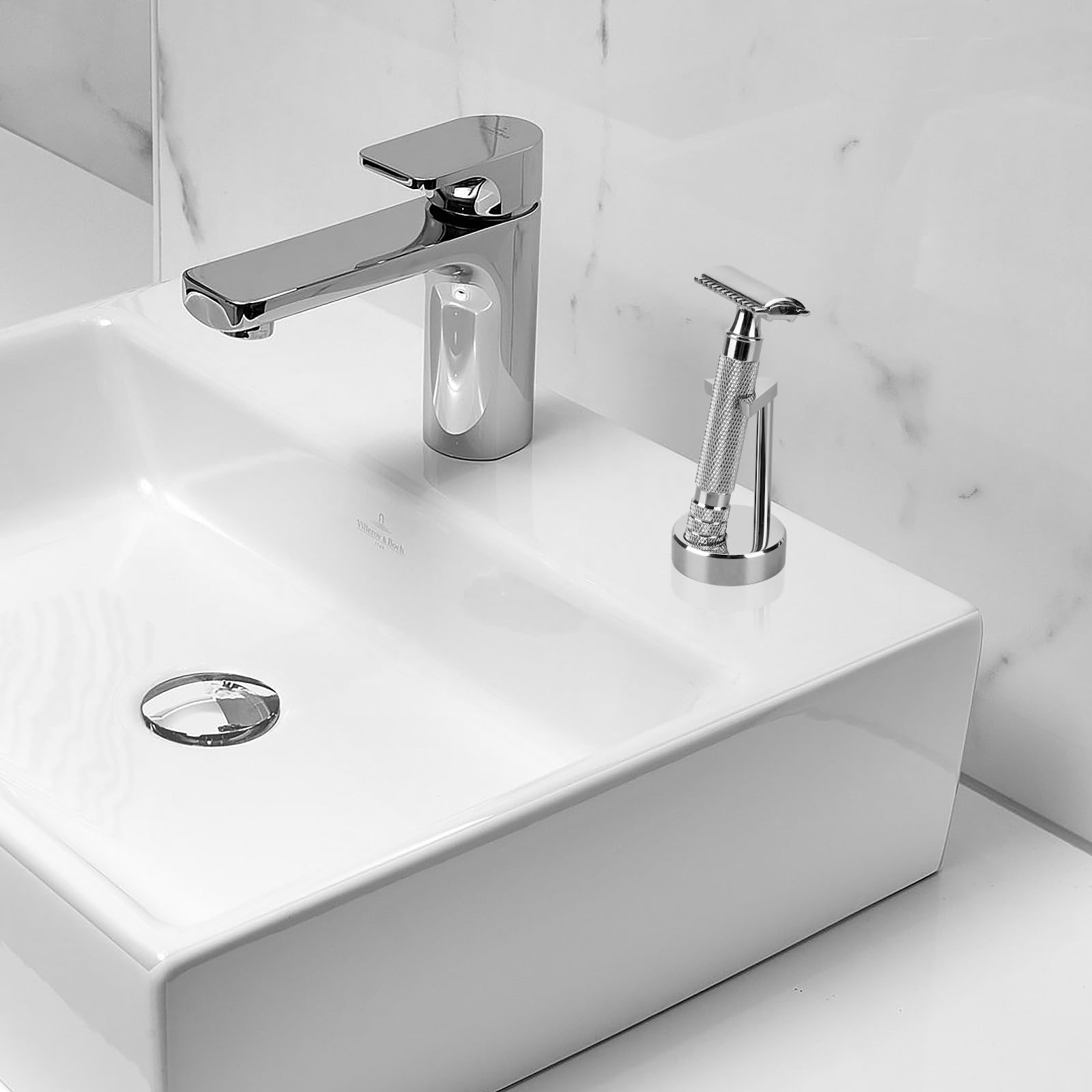Linkidea Supporto per rasoio di sicurezza da uomo, compatibile con Vikings Blade the Chieftain, Merkur 34C, 700002, 23C, 38C, organizer per strumenti da barba per bancone del bagno (argento)