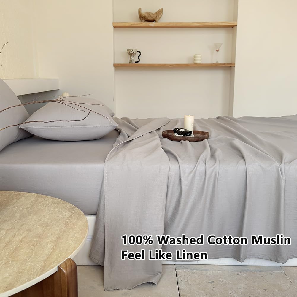 NSNLGSGC 100% Muslin Cotton Sheet Set, Gray, Queen Size
