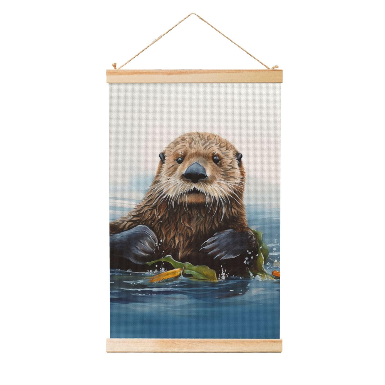 Sea Otter Posters Wooden Shaft Hanging Poster Canvas Prints Scroll Wall Art Painting Vintage Wall Banner Modern Artwork Decor for Home Decor Ready to Hang 12"x18"