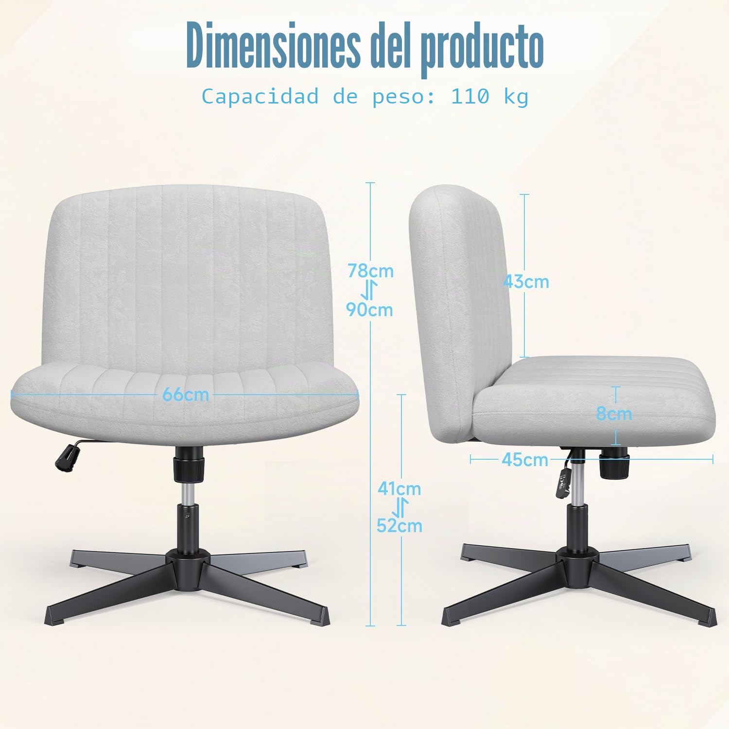 Silla de oficina ergonómica con patas cruzadas, sin brazos, silla sin ruedas, franela ancha y suave, giro de 360° y altura ajustable, diseño moderno para el hogar (gris)