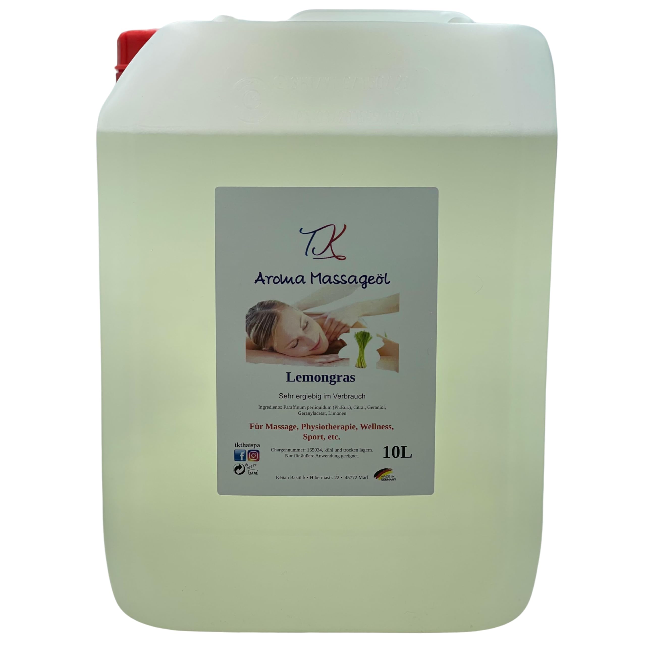 Aceite de masaje aromático de 10 l – hierba de limón para masaje, fisioterapia, bienestar, deportes, etc