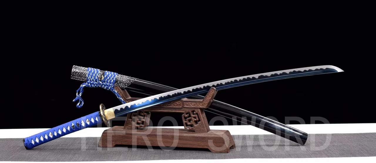 Handmade Razor Sharp Japanese Samurai Sword Real Combat Ready Katana,Damascus Folded Steel,T1095 High Carbon Steel Full Tang Blade (Blue Blade Flowers Tsuba Katana)