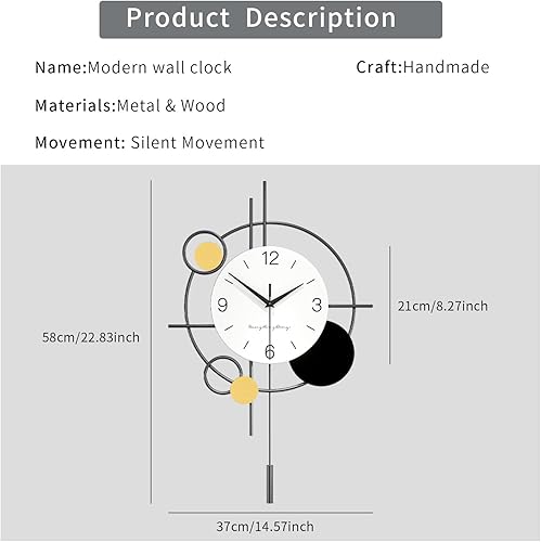 Miniatura 5 de Reloj de pared moderno para decoración de sala de estar, grande, decorativo, negro, con péndulo, funciona con pilas, sin tictac, para cocina,