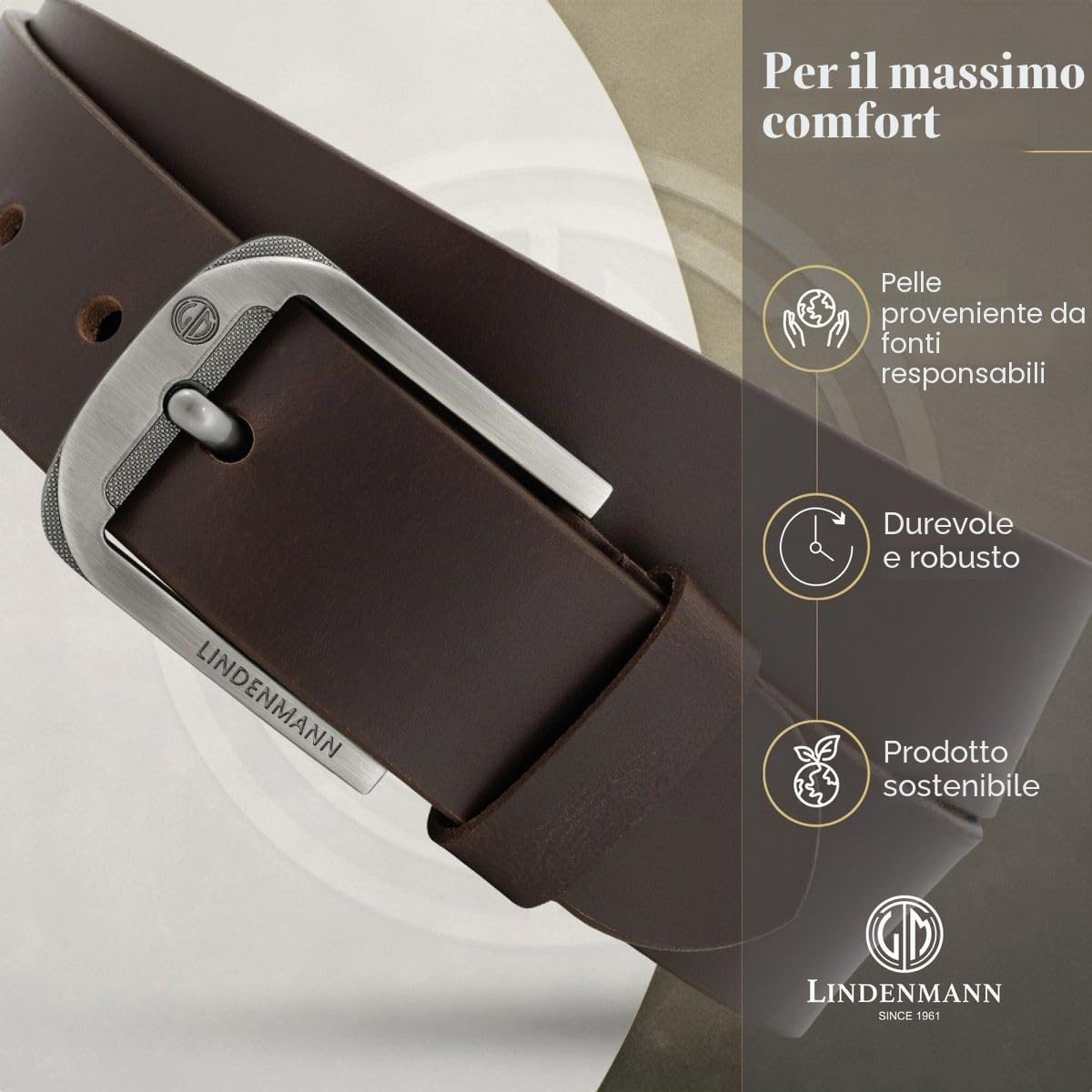 Lindenmann Cintura in pelle da uomo, cintura in pelle pieno fiore, cintura in jeans marrone