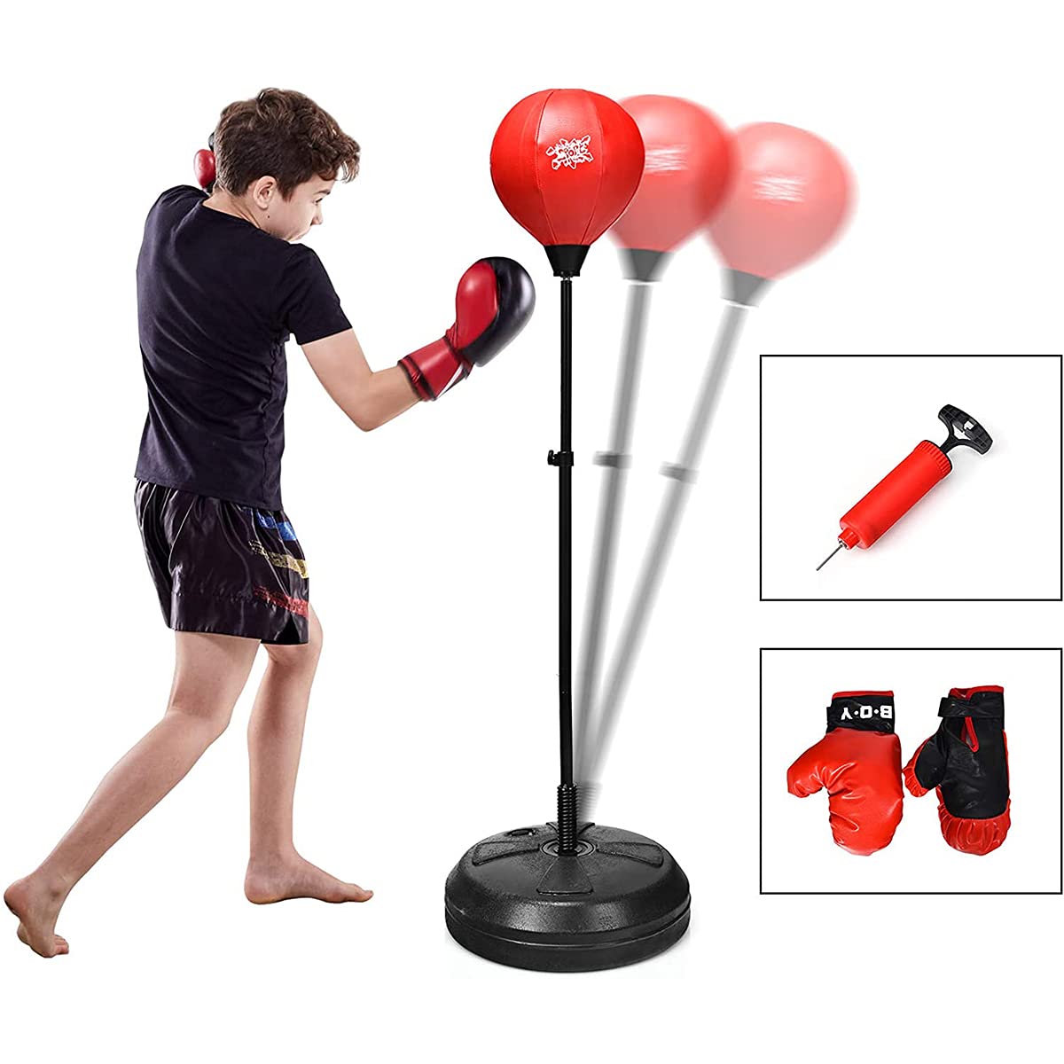 GYMAX Punching Ball da Terra per Adulti e Bambini, Sacco da Boxe con Guanti e Altezza Regolabile, Palla di Pugilato con Base Stabile