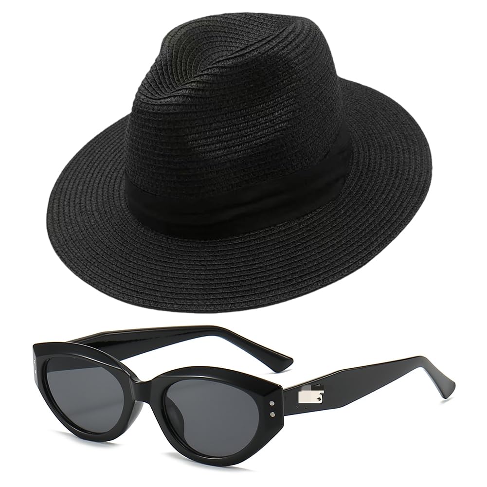 Jynxtoyzeal Women's Black Wide Brim Straw Panama Roll Up Hat Foldable Beach Sun Hat With Sunglasses Travel Summer Wide Brim Straw Bucket Hat,