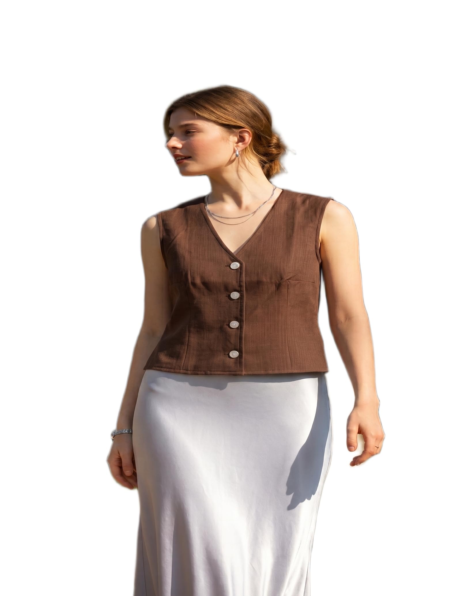 Women's Brown Sleeveless V-Neck Vest Top Button Front Cropped Waistcoat-image-2