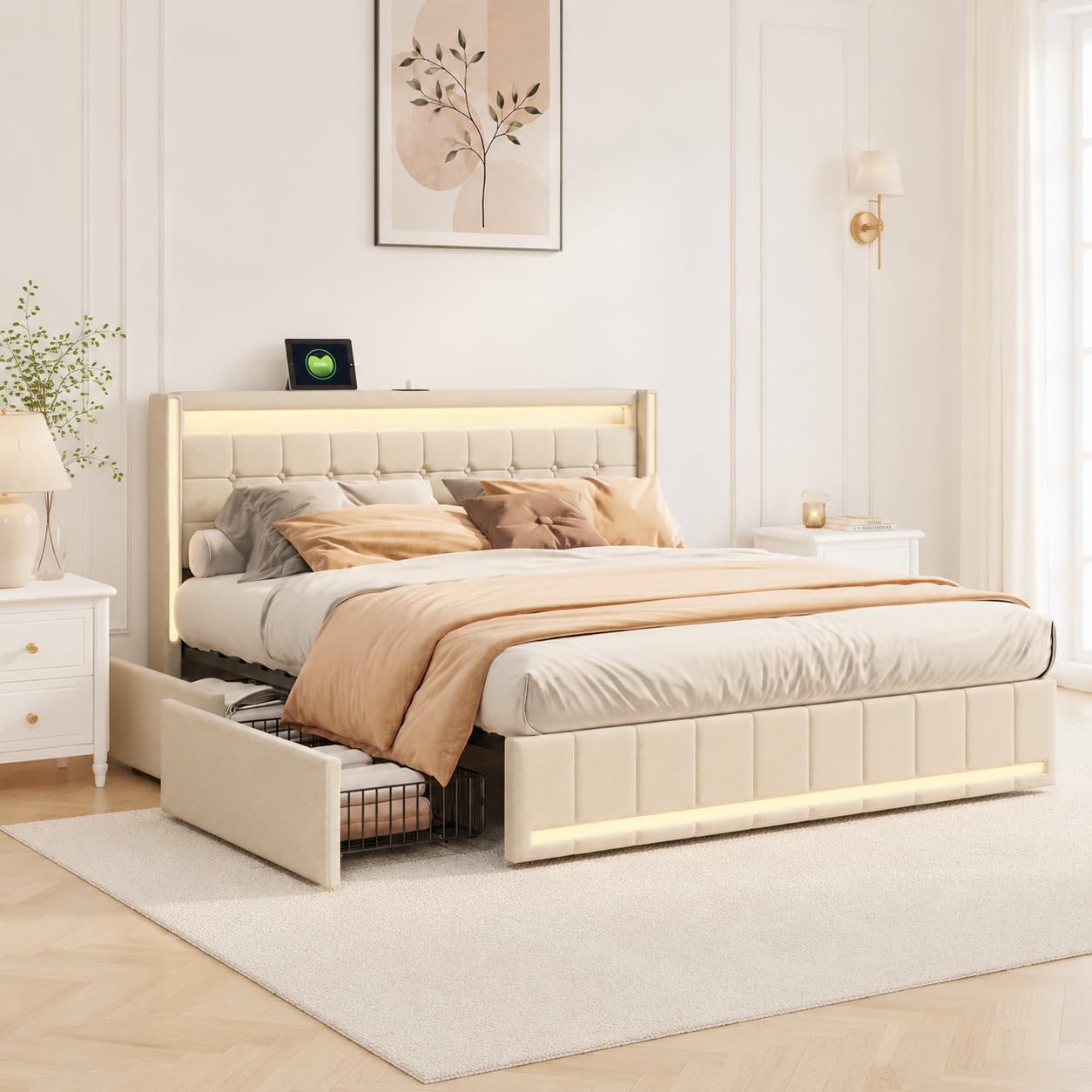 Cama tapizada de 140 x 190 cm, con cajonera moderna con 4 cajones y cabecero acolchado, cama juvenil con LED y USB, marco de cama para adultos y adolescentes, lino (beige)