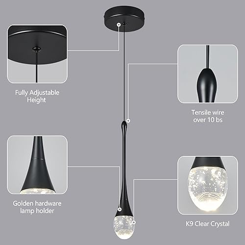 Miniatura 5 de Luces colgantes modernas para isla de cocina, mini lámpara colgante de cristal negro con LED regulable de 4000 K cristal de burbujas, iluminación
