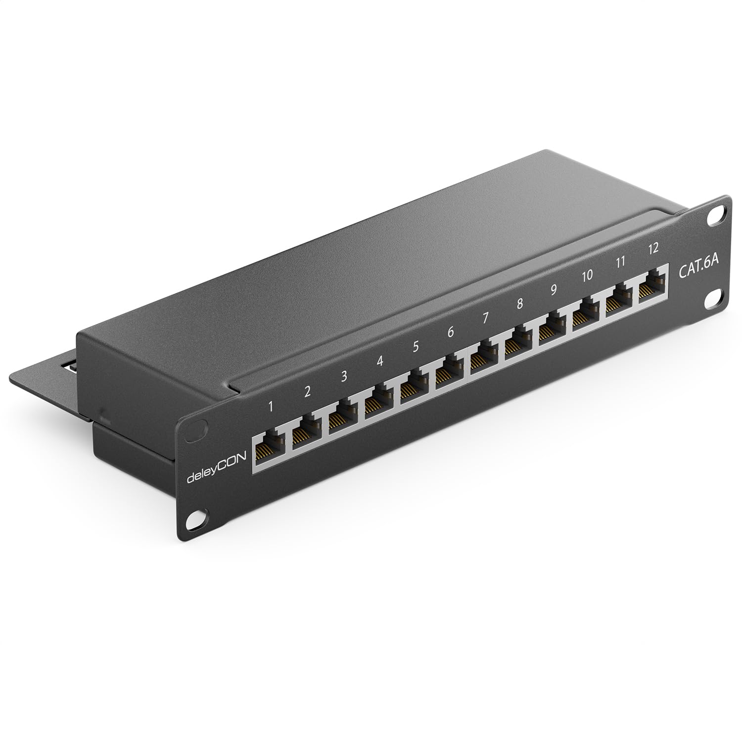deleyCON CAT 6a Patchpanel Verteilerfeld 12 Port - Desktop 10" Zoll Rackeinbau Servermontage RJ45 Geschirmt - TIA568A TIA568B - Schwarz