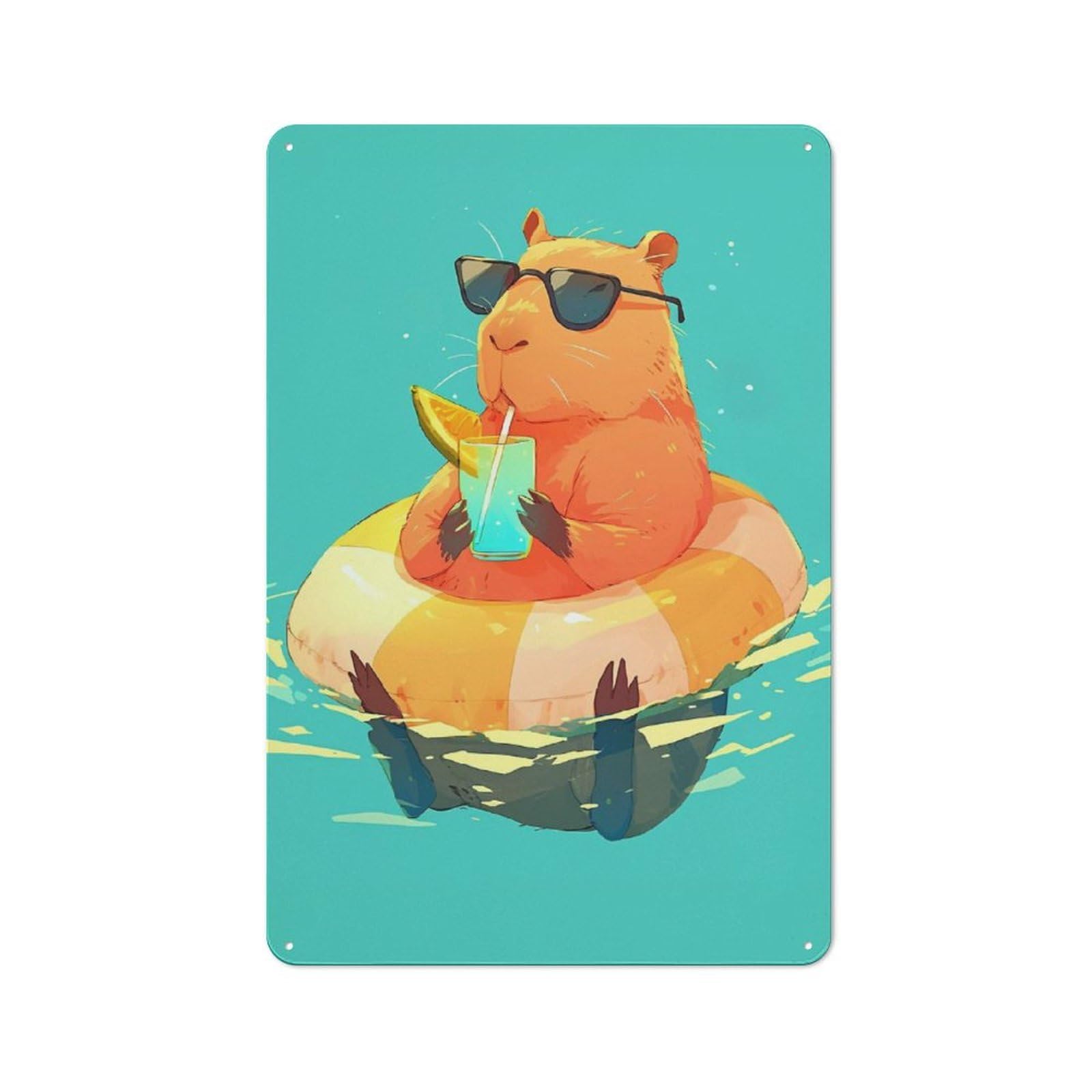 Junmoney Style-1 Understated Office Metal Sign 30X20cm Featuring Capybara Chilling In The Pool, Studio Wall Plaque For Office, Study, Studio Or Hallway
