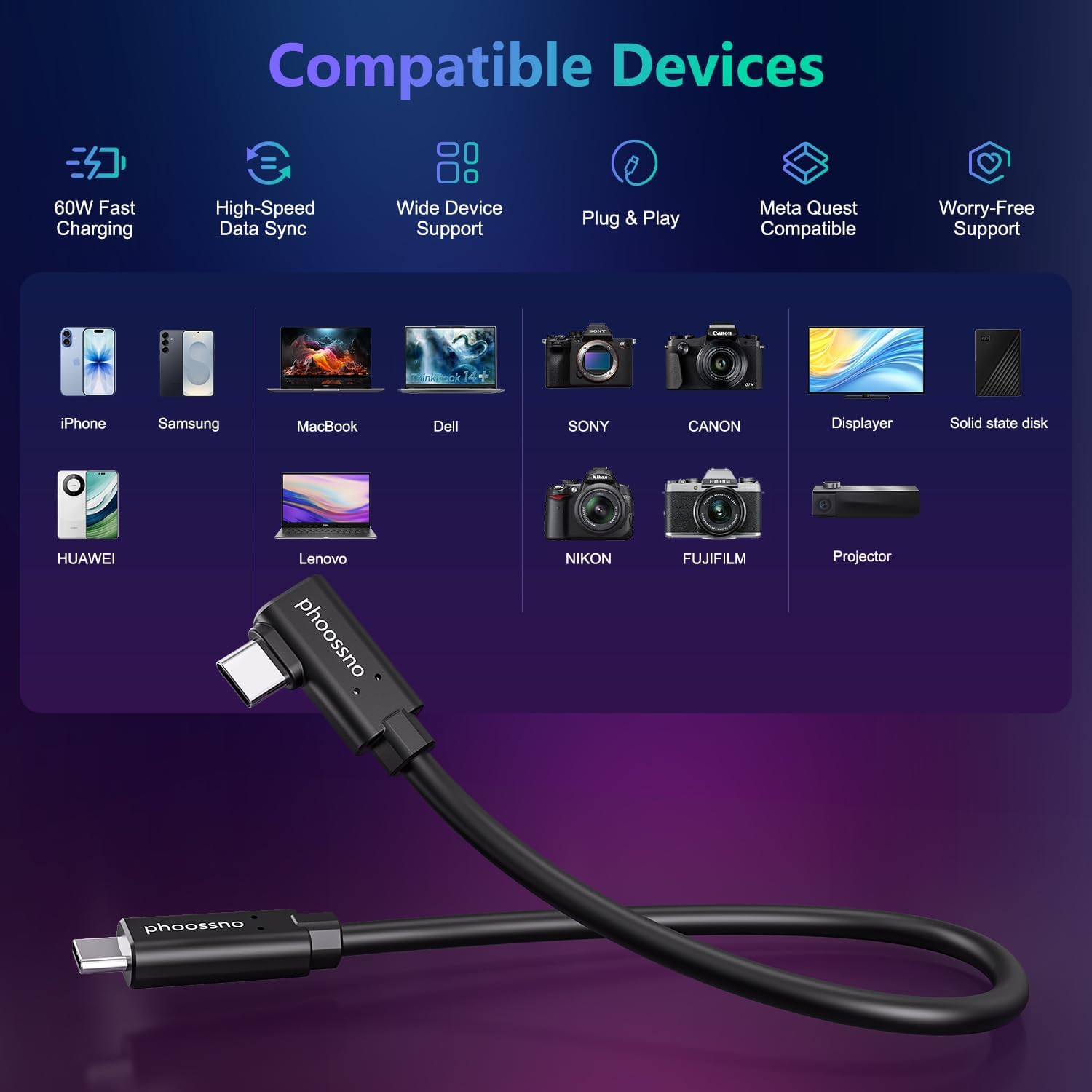 phoossno USB C Cable de fibra óptica 5m derecho, bidireccional 10Gbps Transmisión&60W carga rápida, cable de amarre USB C de grado militar compatible con cámaras, VR&AR, computadoras portátiles ect