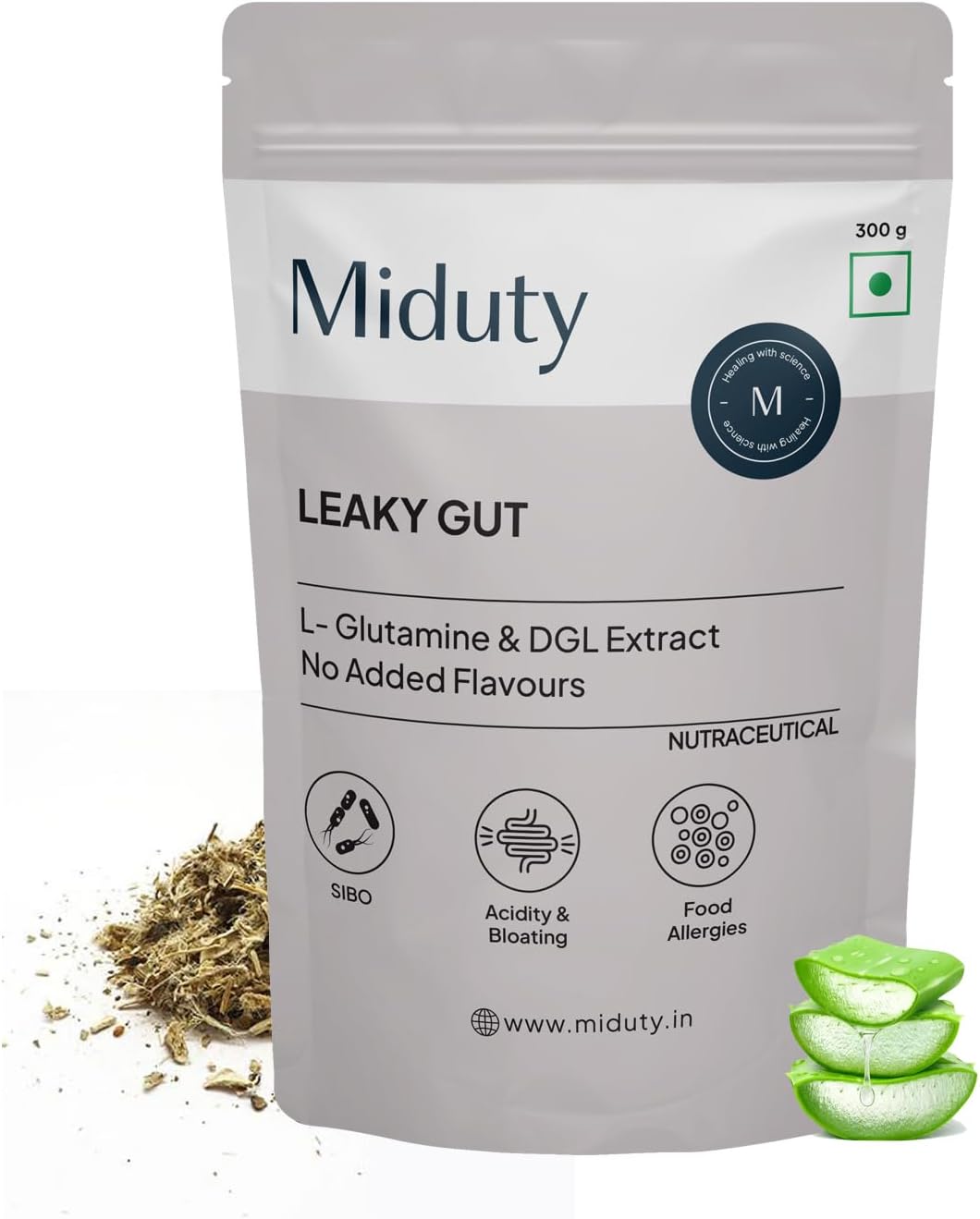 Miduty Leaky Gut Powder - Supports Gastrointestinal lining, Leaky Gut - Helps In Constipation And Heartburn - Advanced Formula with L Glutamine and Aloe Vera Extract - 300 Grams