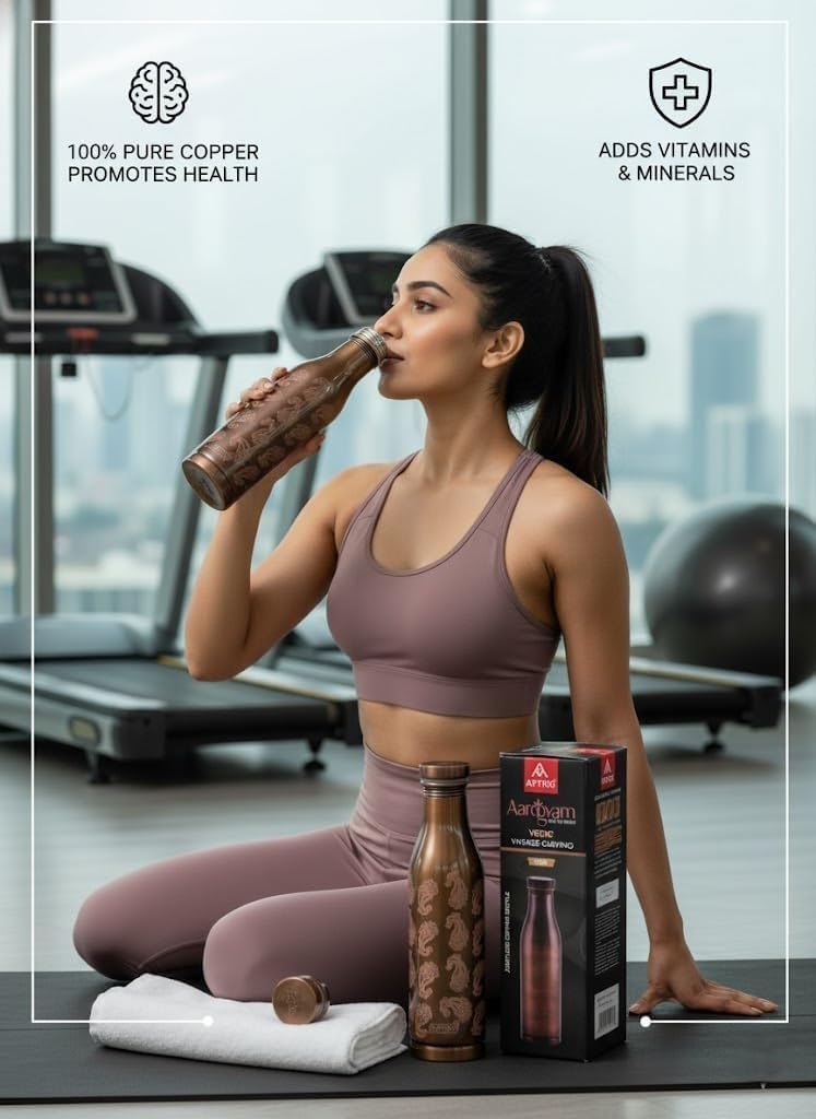 Attro-Vedic-Aarogyam Back To the Roots -1000 ML (1L)-Designer Joint-Less Copper Water Bottle (Vintage Carving)