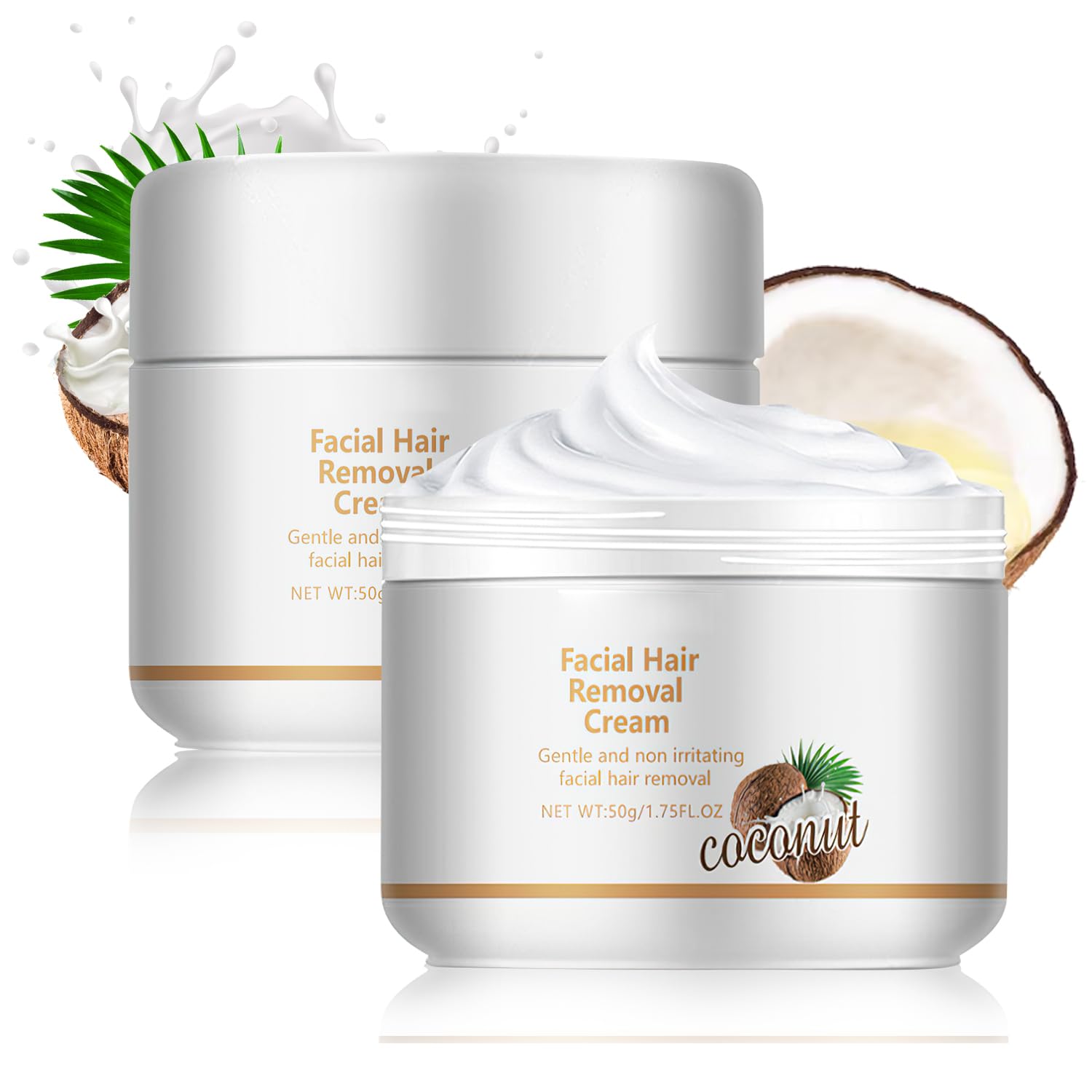 Facial Depilatory Cream, Coconut Facial Hair Removal Cream for Upper Lip and Chin for Women, Womens Facial Hair Remover for Sensitive Skin, Gentle and Non-irritating(2PCS)