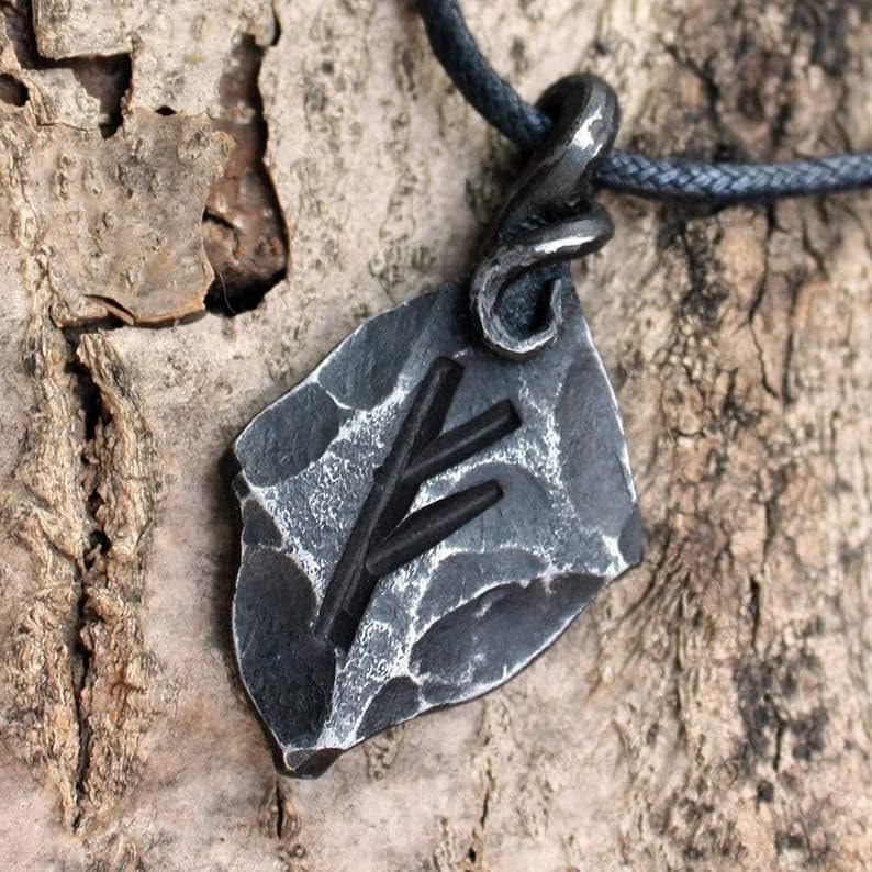 NauticalMart Forged Iron Fehu Feoh Fe Rune Amulet Runic Nordic Pendant Talisman Necklace Viking Jewelry Gift