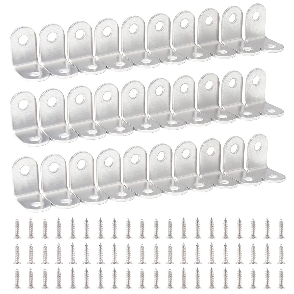 L Bracket Corner Brace, 30PCS (0.98 x 0.98 inch, 25 x 25 mm) Stainless Steel Joint Right Angle Bracket Fastener, Heavy Duty 90 Degree Metal Corner Brackets with 60 Screws for Wood Shelves Furniture