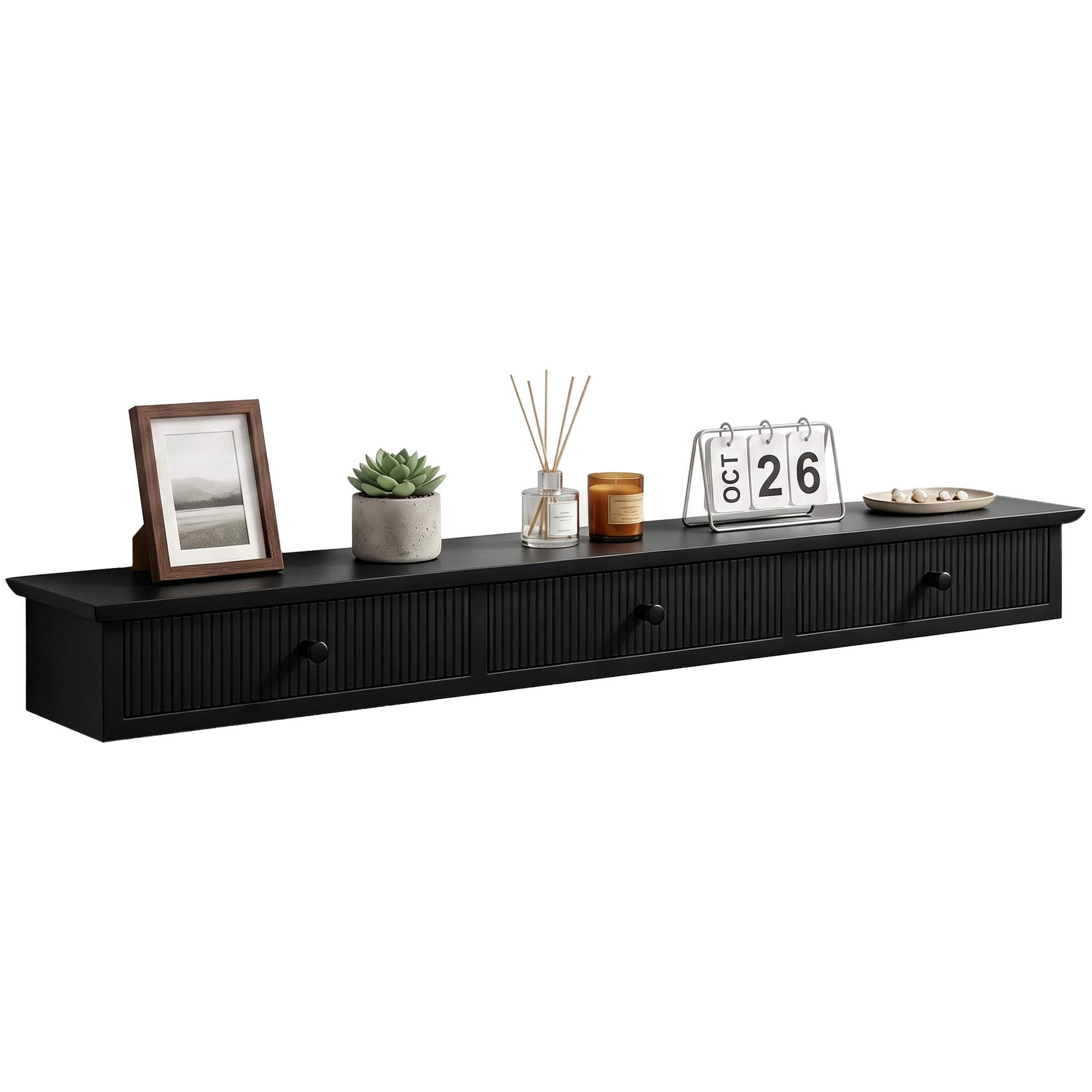 HOMCOM Floating Wall Shelf with 3 Drawers, Display Storage Unit, Wall Mounted Shelf for Entryway Kitchen and Living Room Storage, 93 x 15 x 10 cm, Black