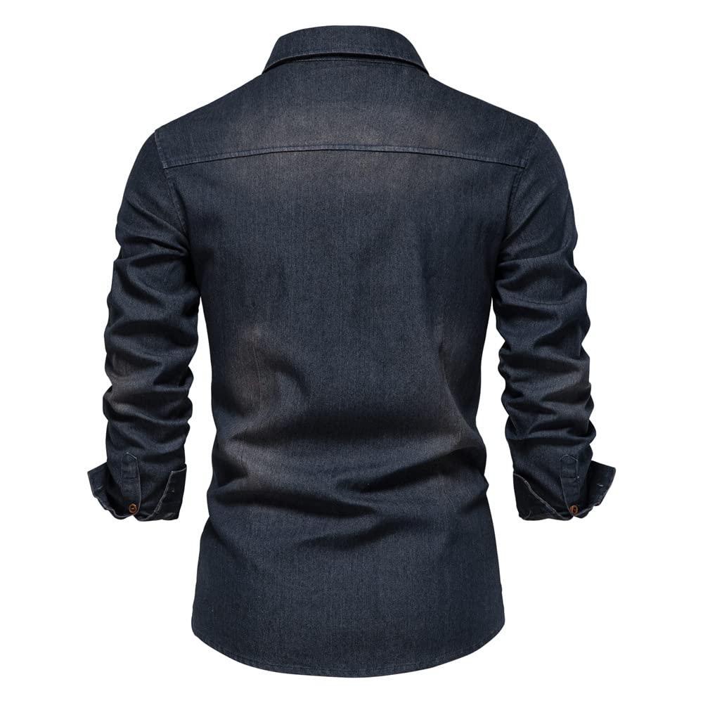 Camicia da uomo in cotone denim, taglie forti, 5XL, a maniche lunghe, da cowboy, con bottoni, casual, vestibilità aderente, con due tasche